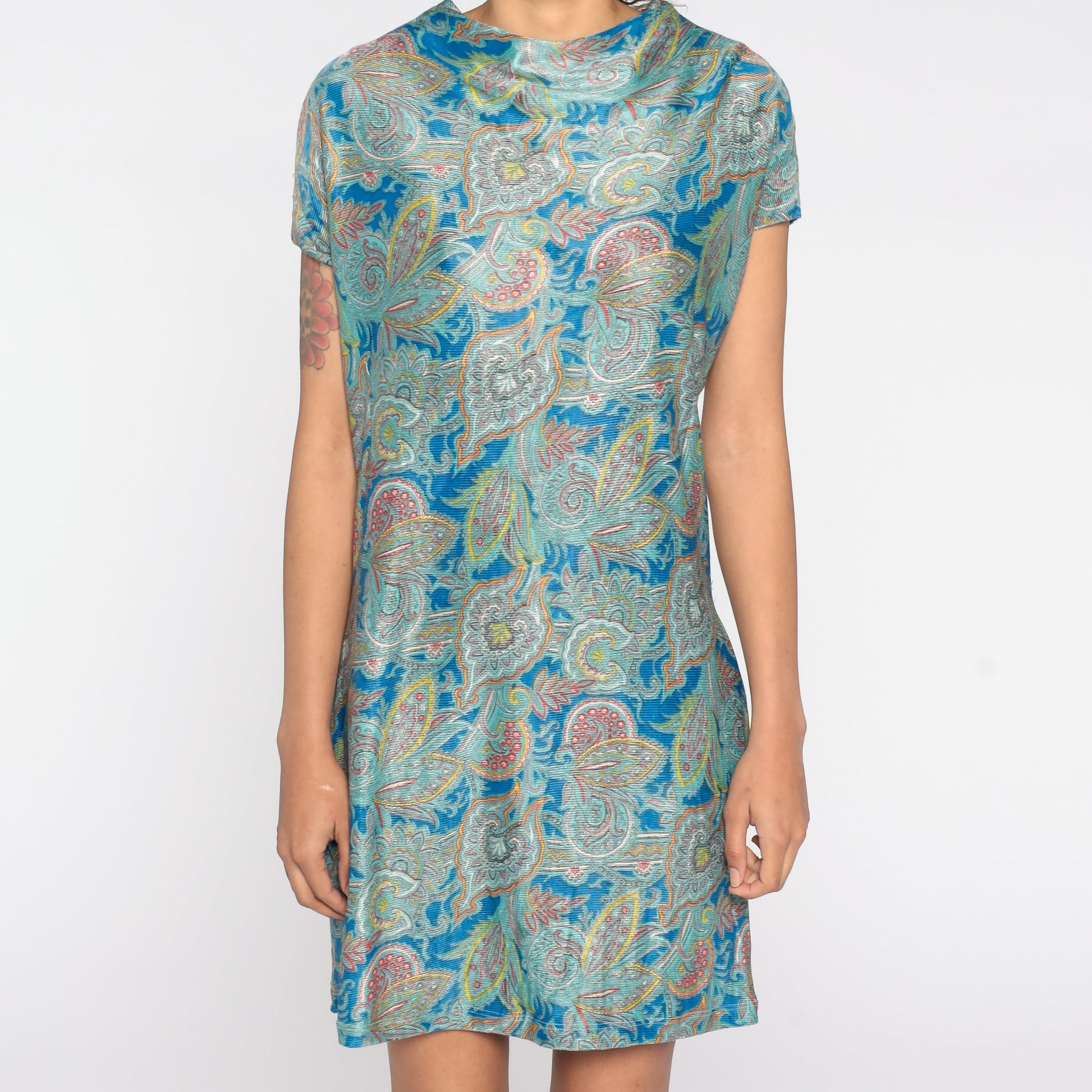 1960s Paisley Psychedelic Mini Shift Dress Blue Cap Sleeve Medium