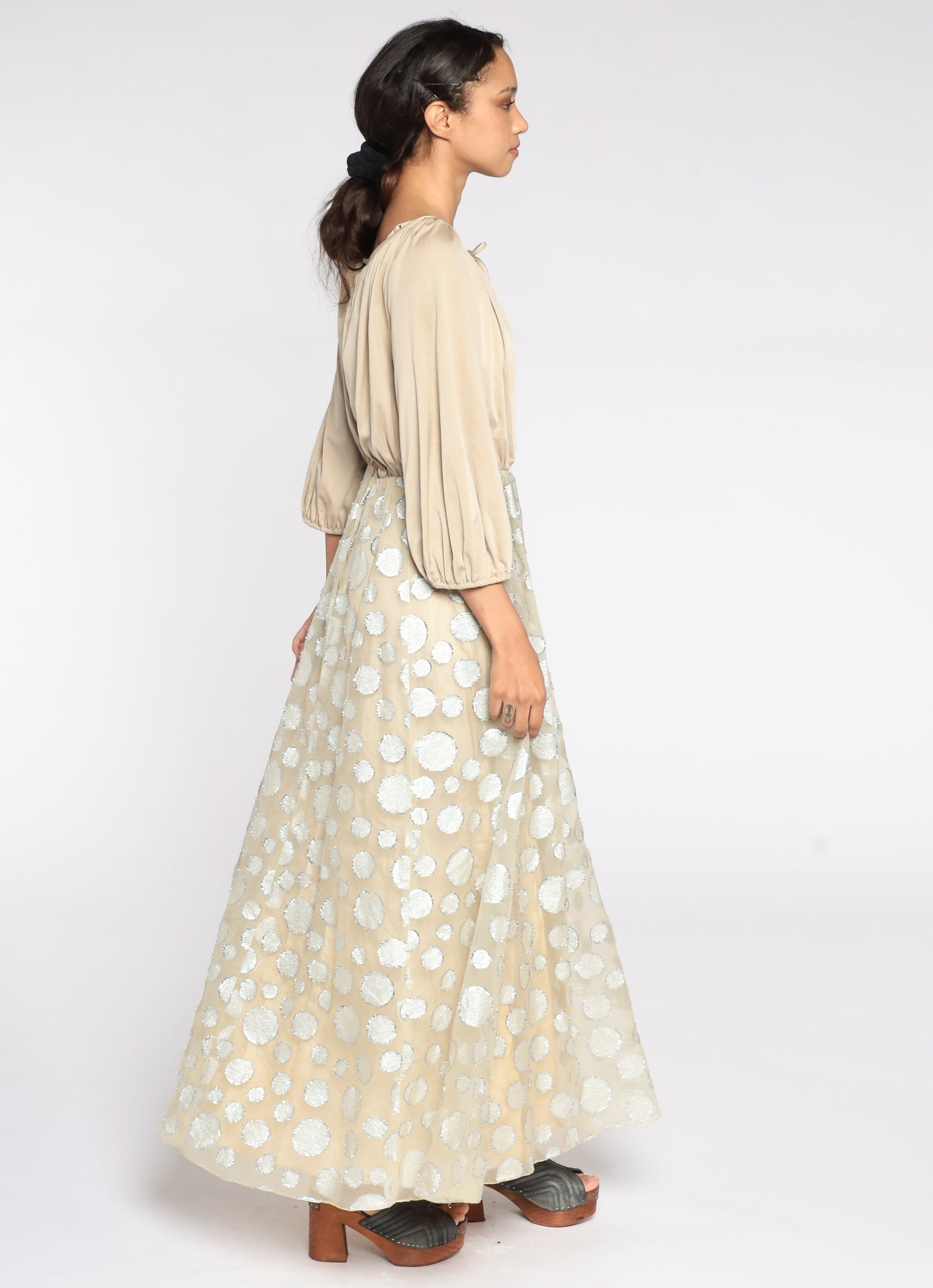 70s Beige Maxi Dress Silver Metallic Circle Skirt Long Sleeve High Waist Small