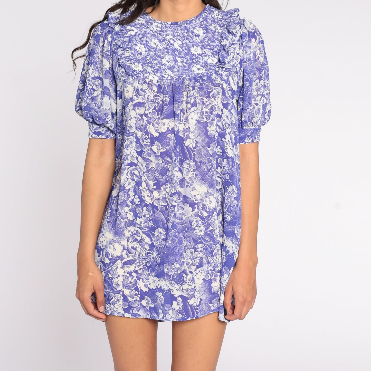 70s Mako Hawaii Floral Mini Dress Puff Sleeve Tent Cut Purple Small