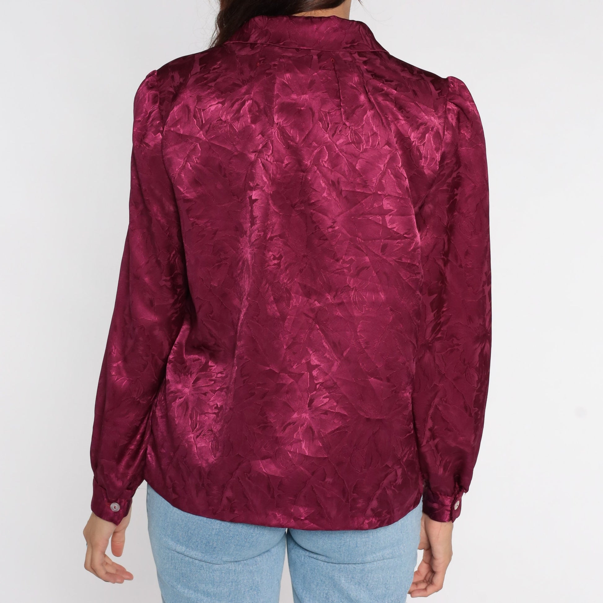 80s Purple Puff Sleeve Blouse Peter Pan Collar Floral Embossed Top Medium Large