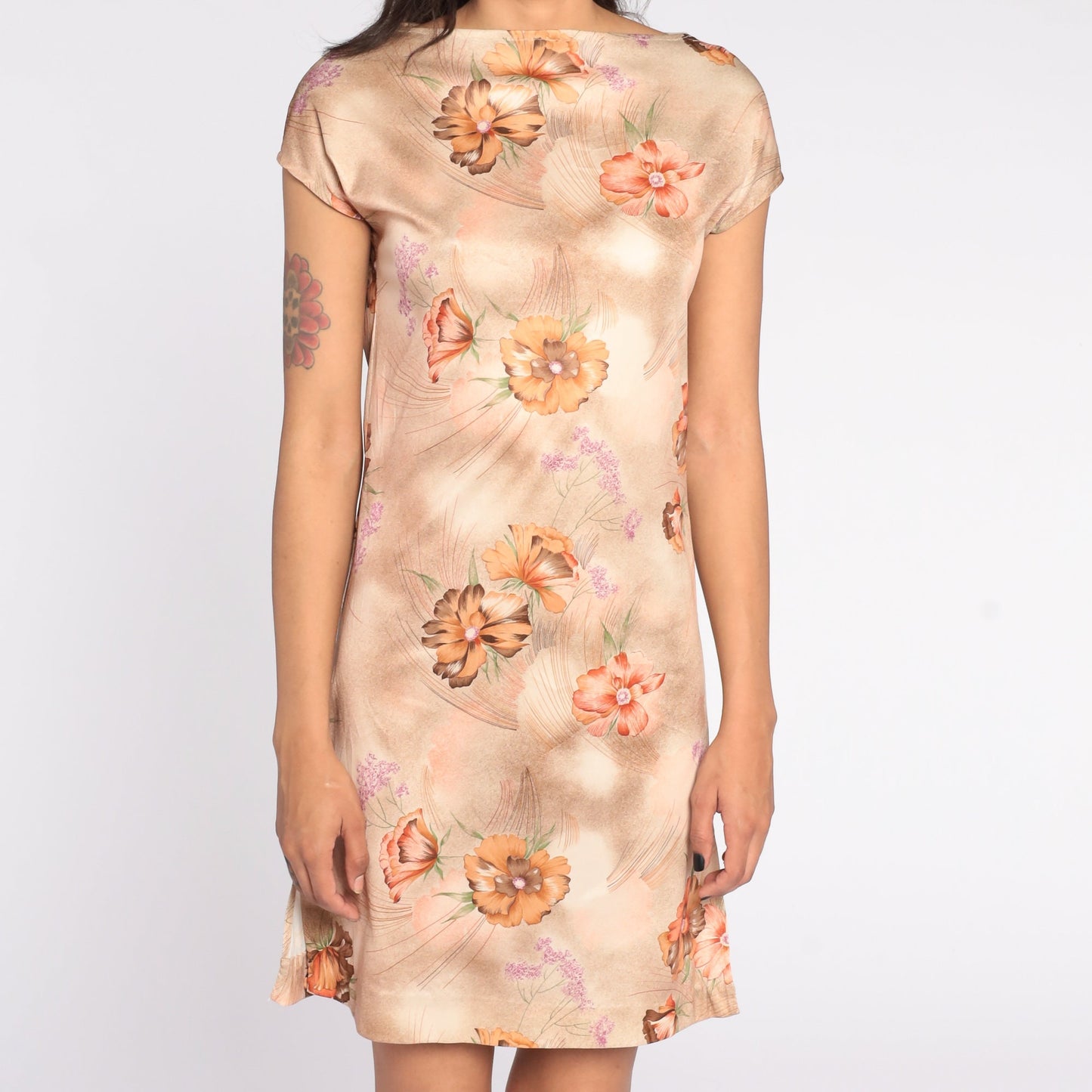 70s Floral Mini Dress Brown Cap Sleeve Sheath Extra Small