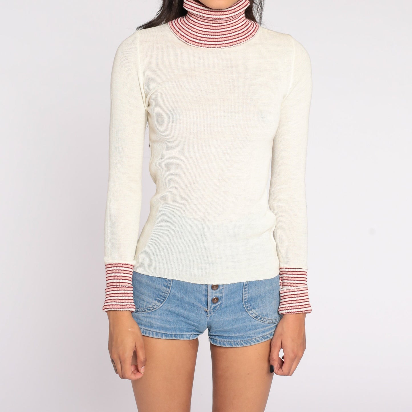 70s Striped Turtleneck Sweater Off-White Knit Pullover Small S