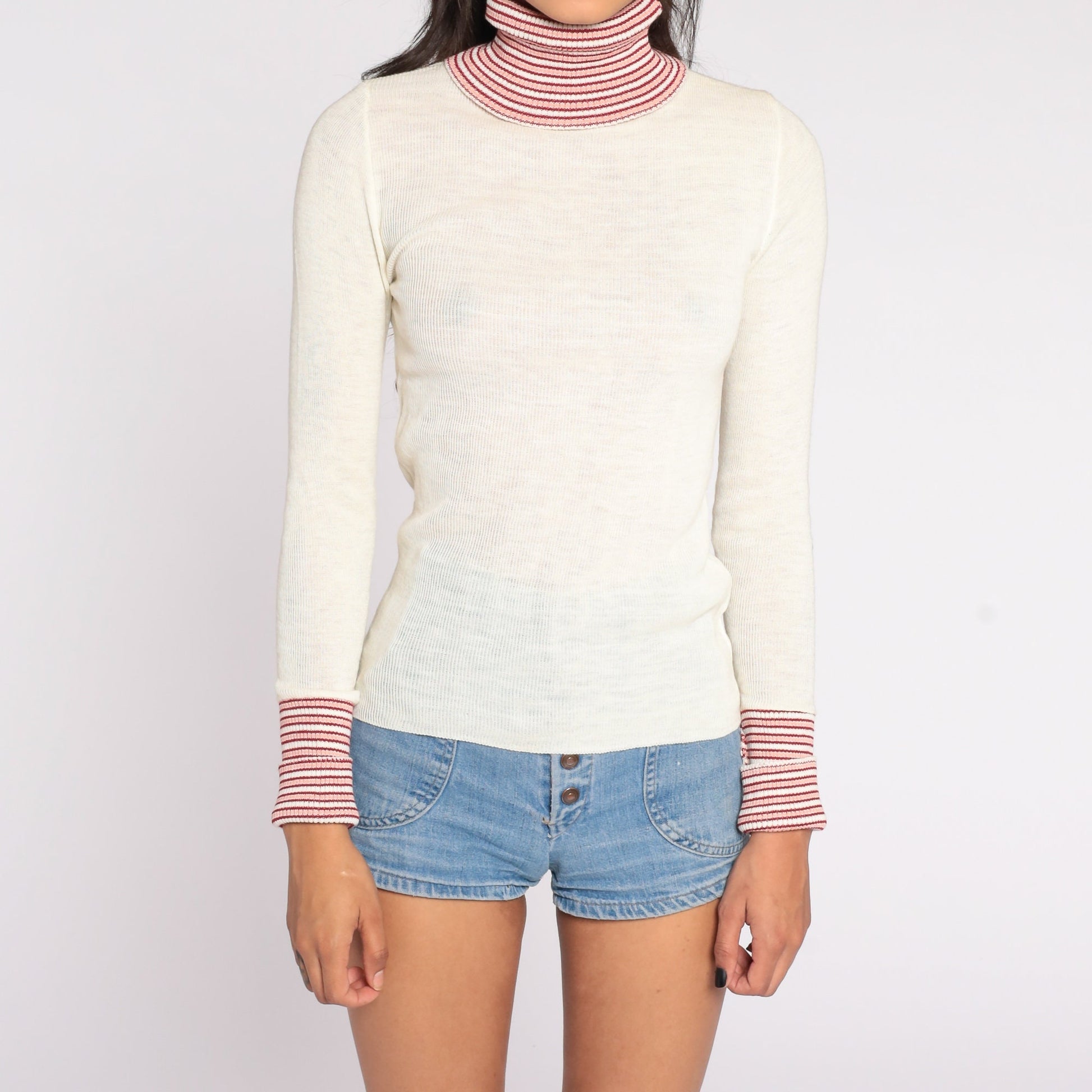 70s Striped Turtleneck Sweater Off-White Knit Pullover Small S