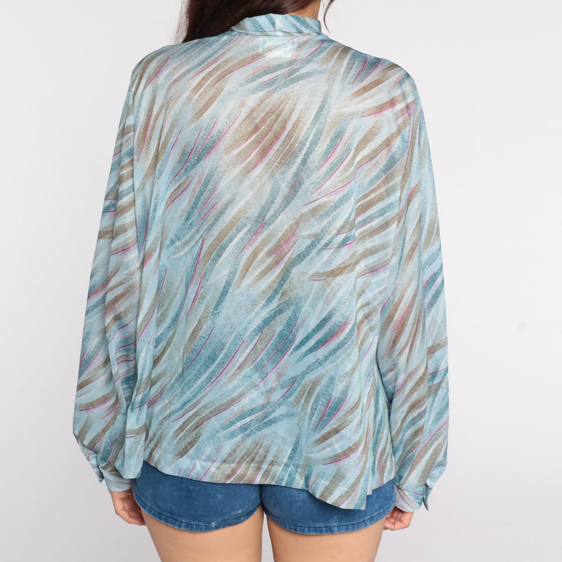 70s Sheer Ascot Blouse Blue Brushstroke Print Button-Up Long Sleeve Extra Large