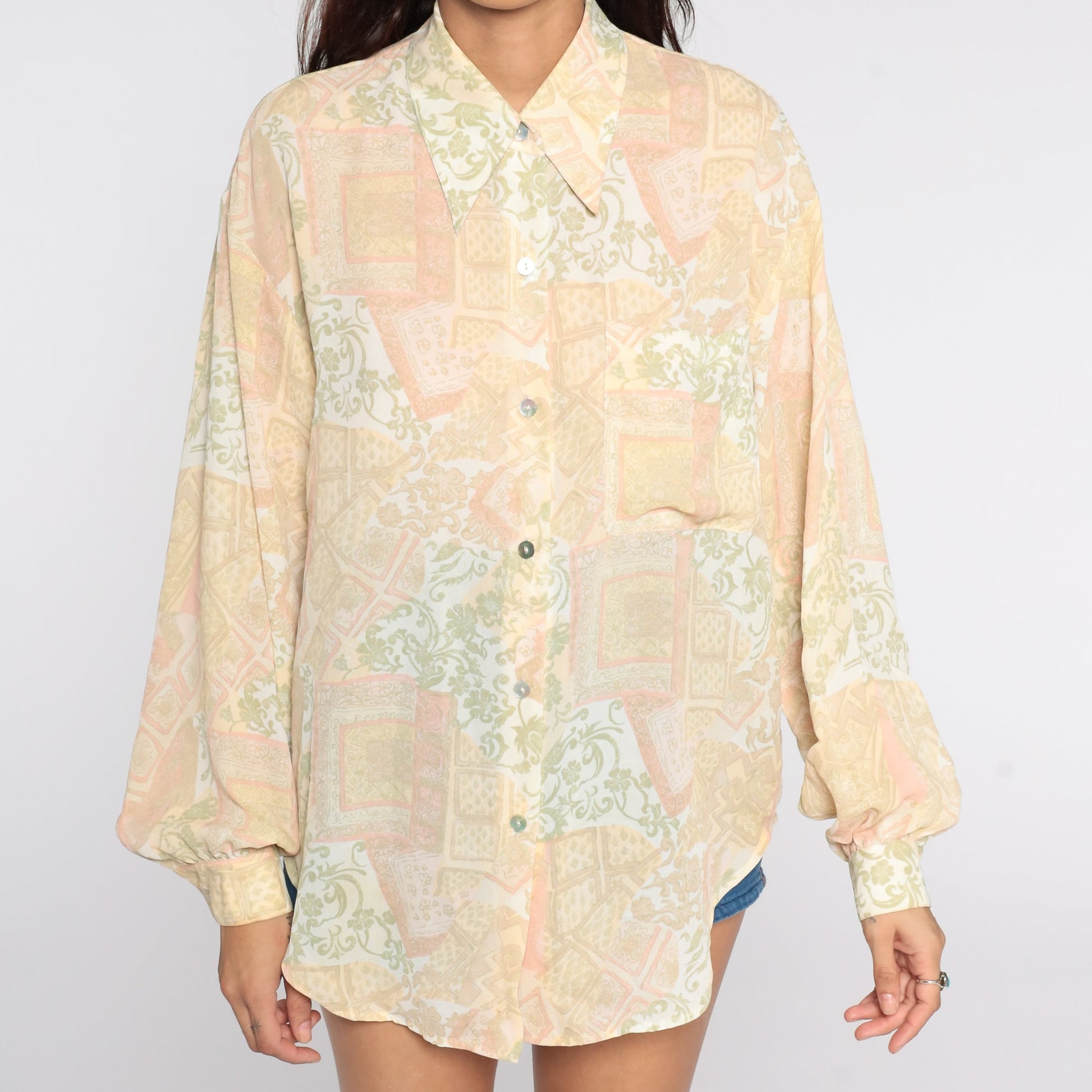 70s Yellow Geometric Floral Button-Up Blouse Dagger Collar Long Sleeve Medium