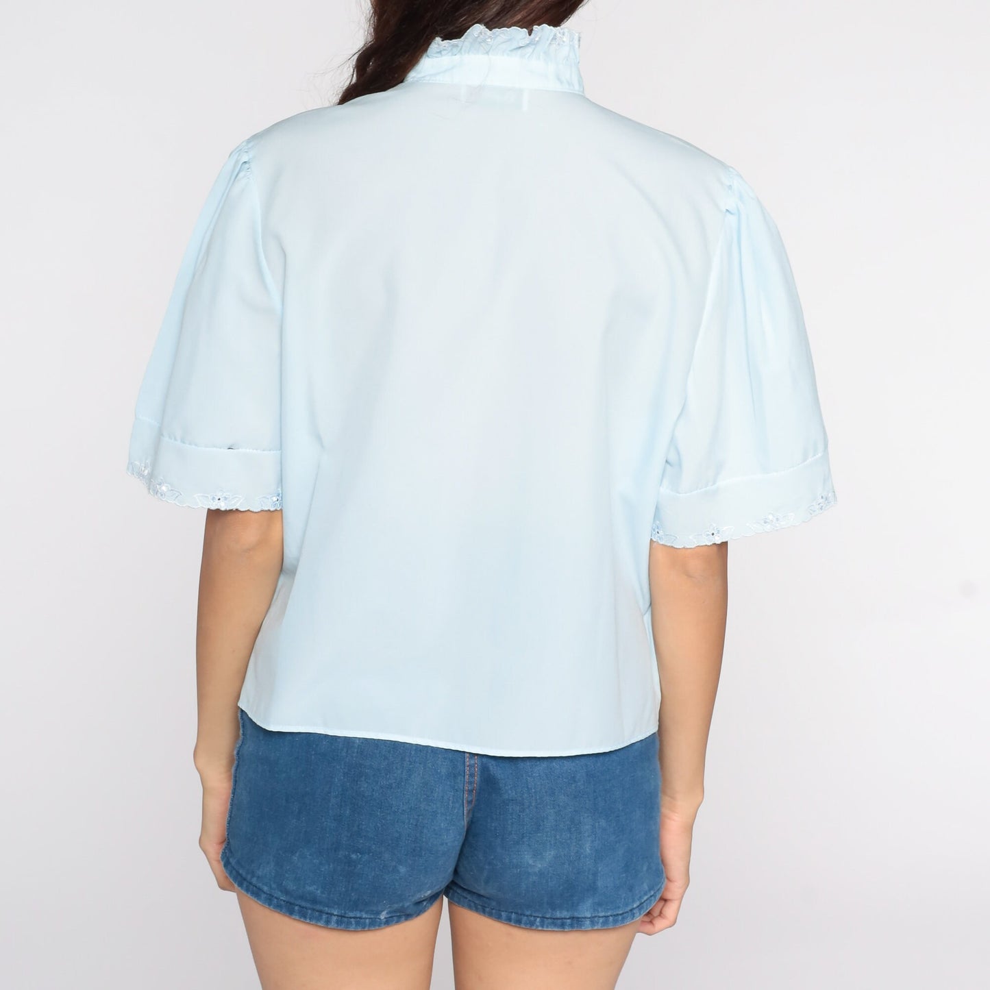 80s Baby Blue Ruffle Tuxedo Blouse Short Sleeve Button Up Eyelet Extra Large
