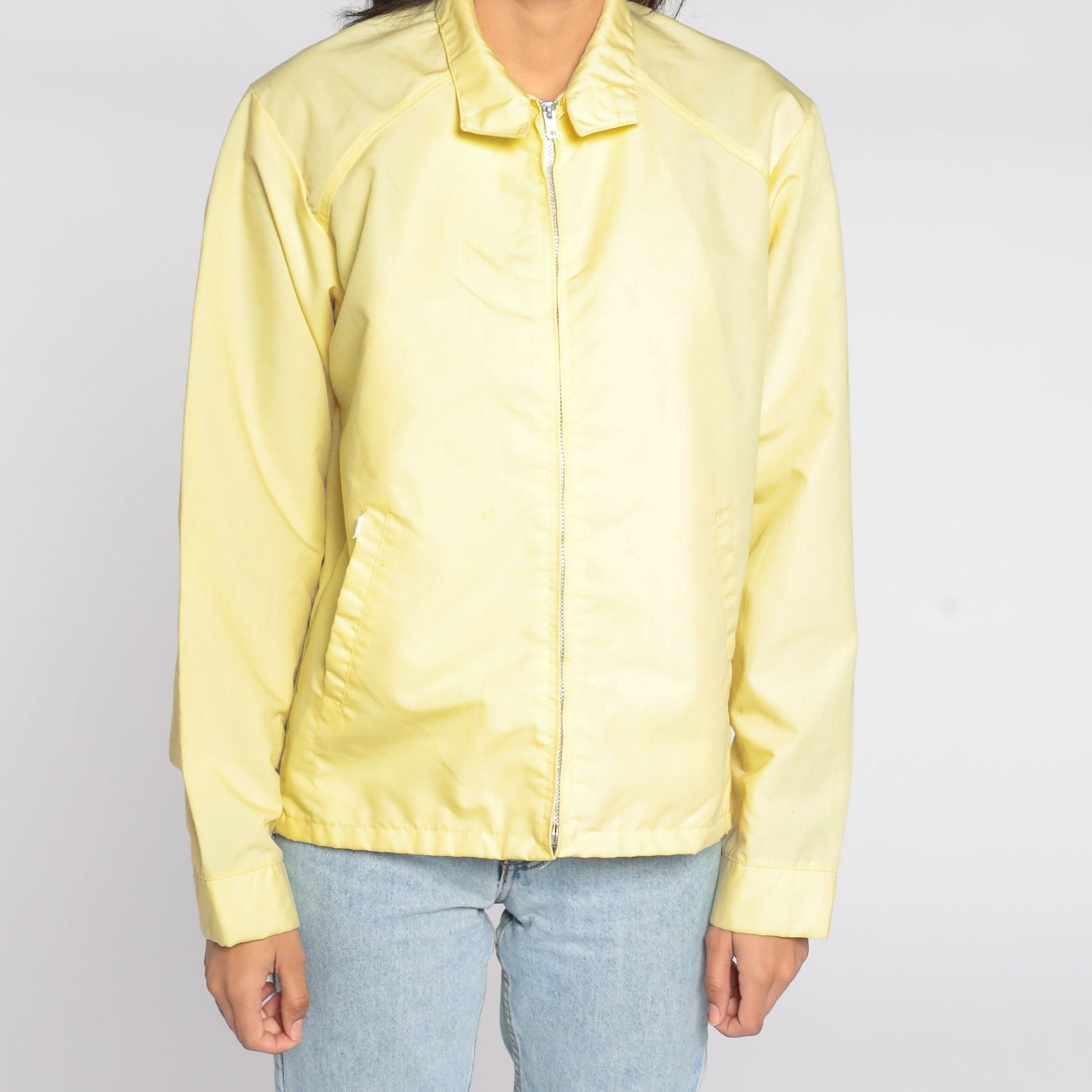 80s Yellow Windbreaker Jacket Zip Up Lightweight Cotton Poly Medium