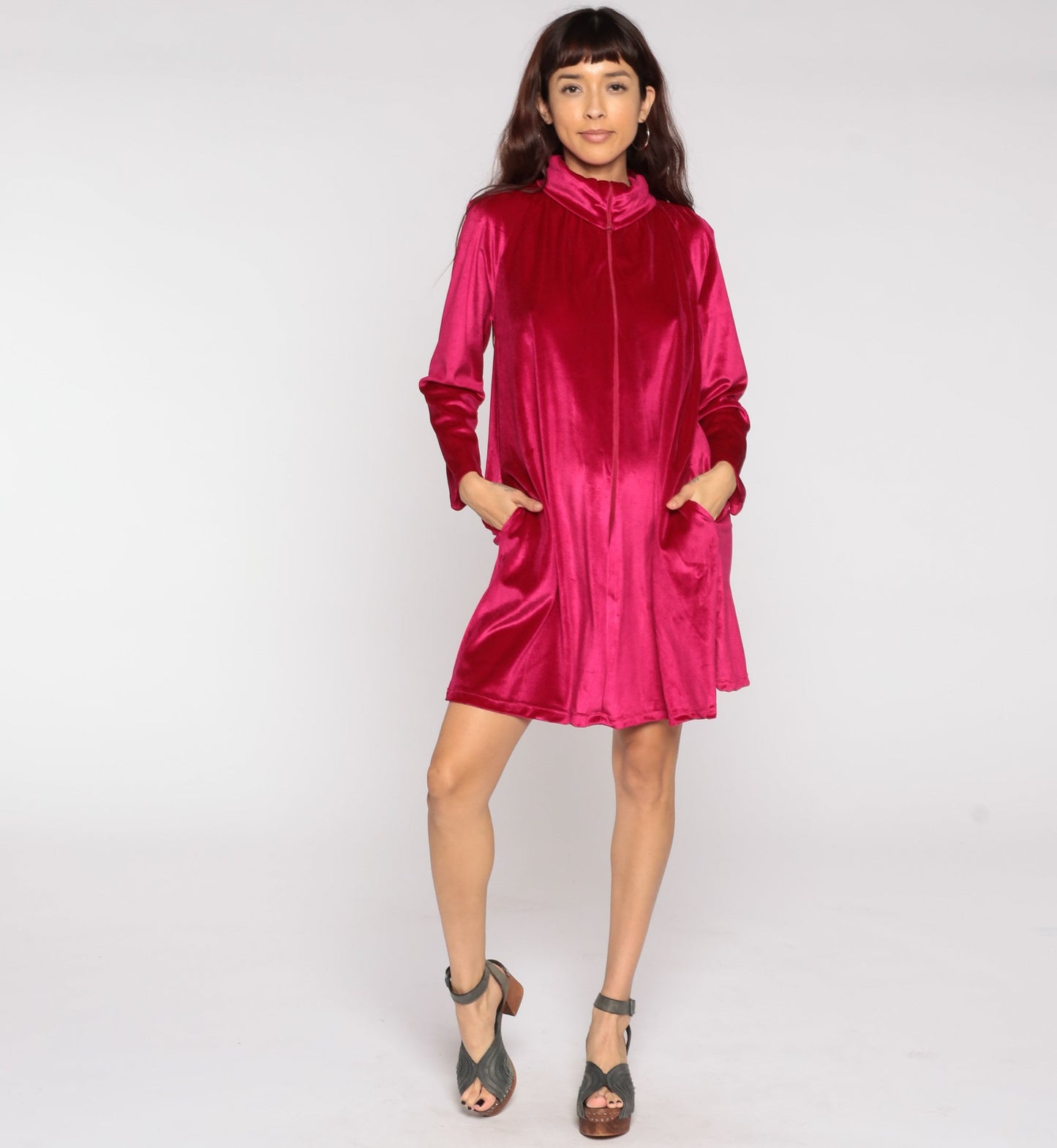 70s Deep Pink Velour Lounge Dress Mini Front Zip Long Sleeve Small