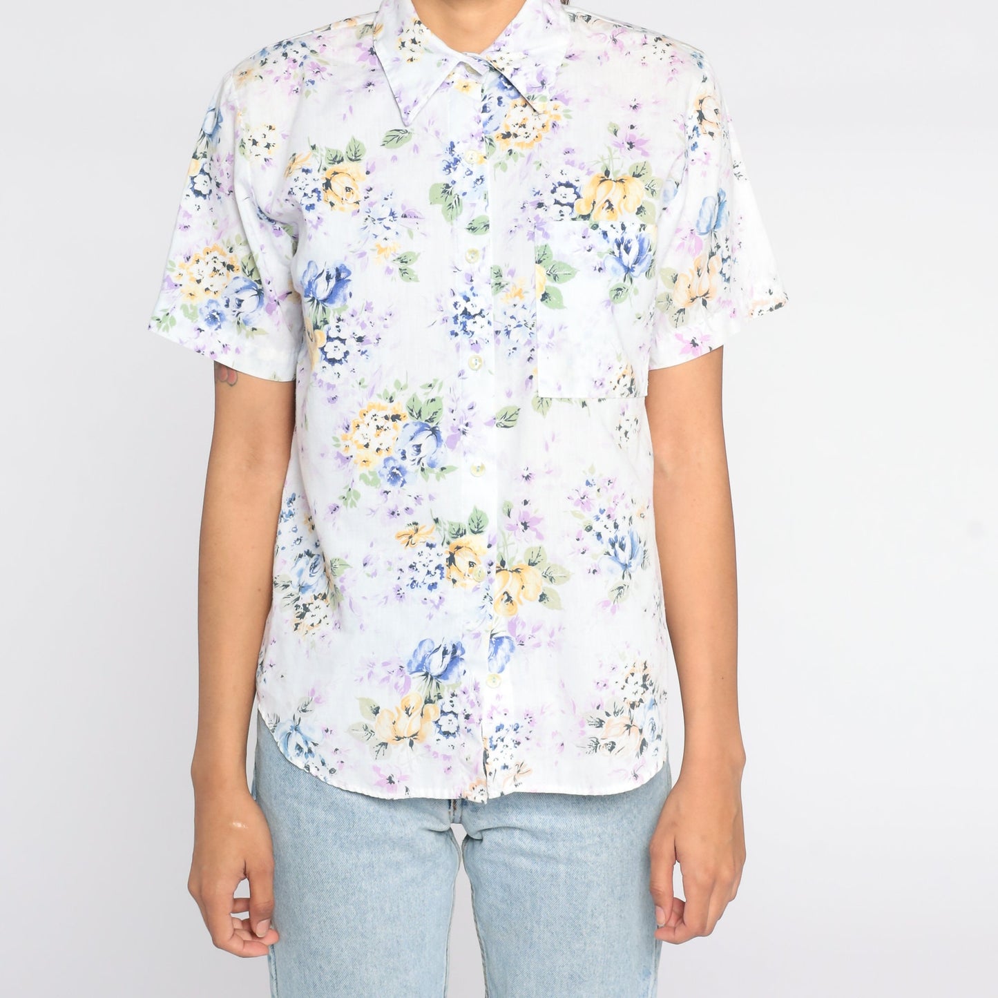 90s Blue Floral Button-Up Shirt Short Sleeve Cotton Blouse Small Petite