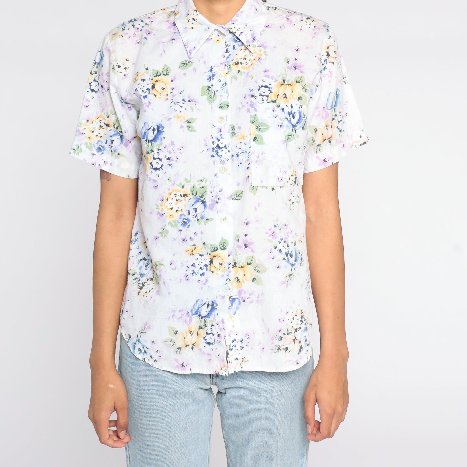 90s Blue Floral Button-Up Shirt Short Sleeve Cotton Blouse Small Petite