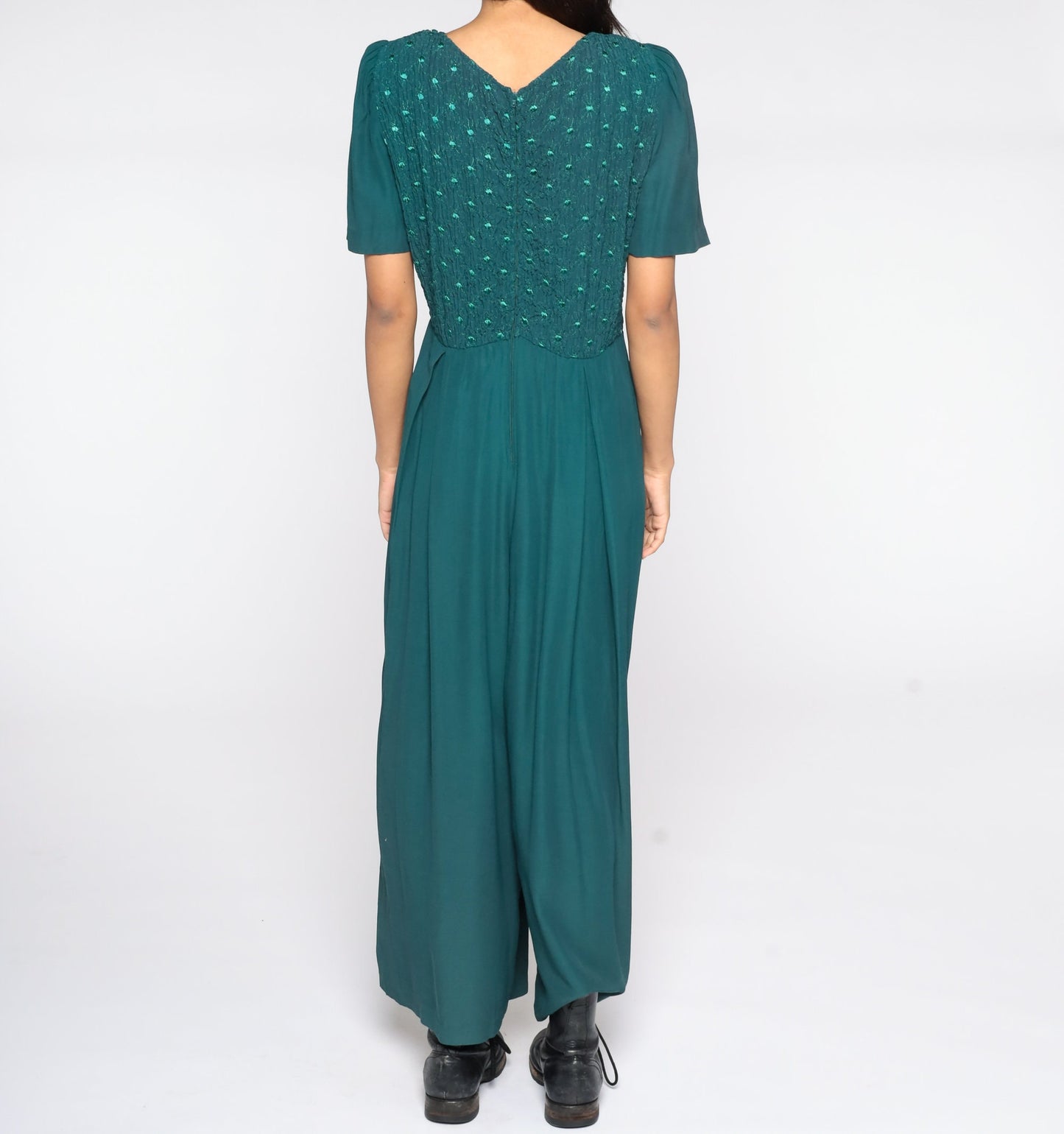 90s Green Jumpsuit Wide Leg Puff Sleeve Embroidered Button Up Large 12