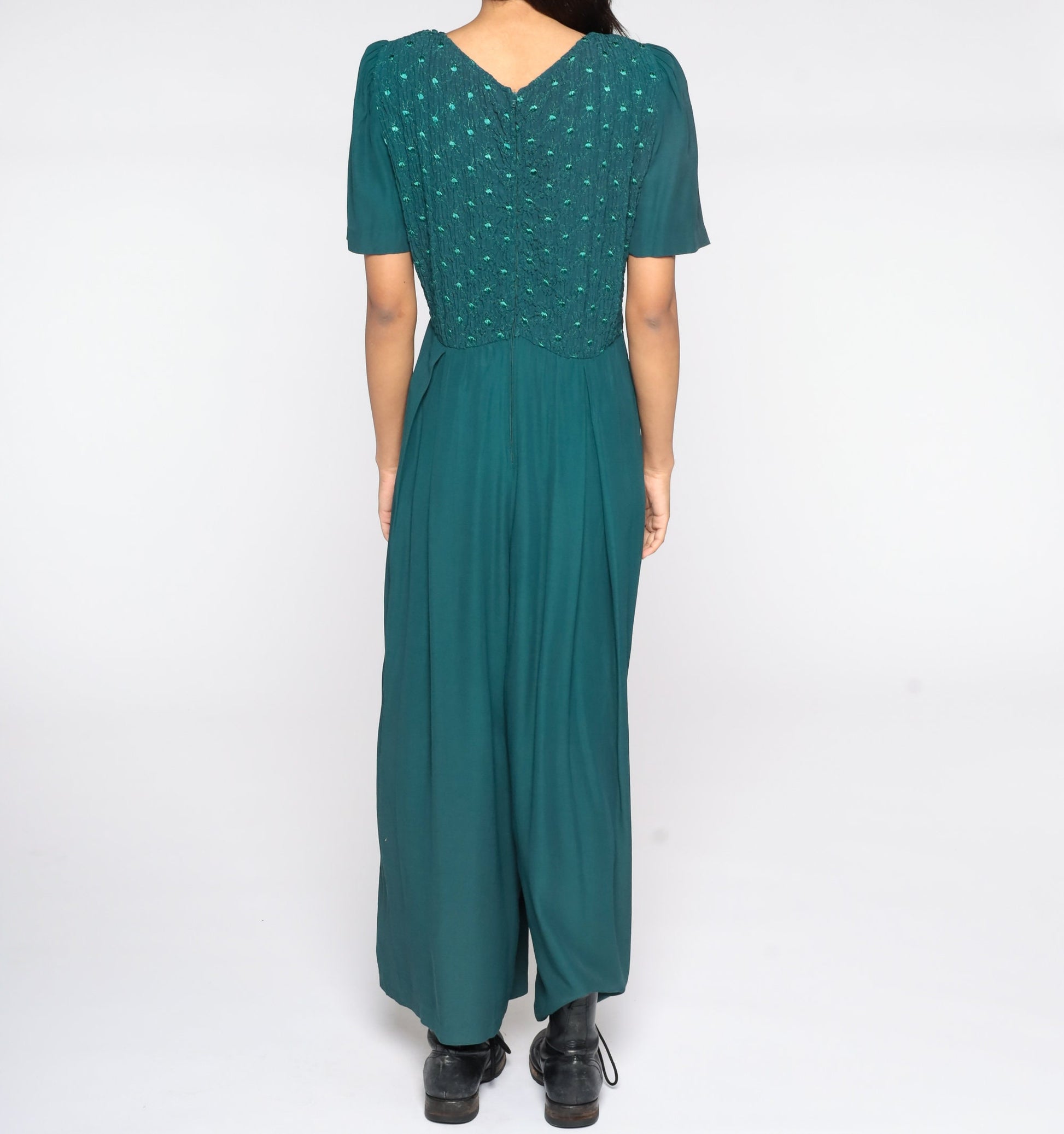90s Green Jumpsuit Wide Leg Puff Sleeve Embroidered Button Up Large 12
