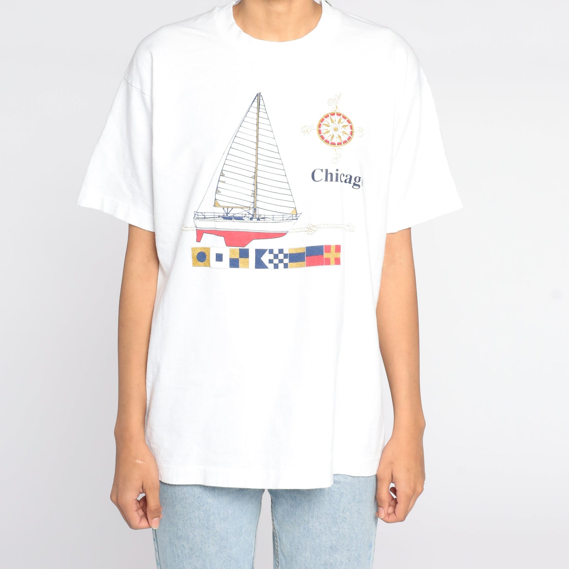 90s Chicago Sailboat Graphic T-Shirt Cotton Tee Blue Medium Large