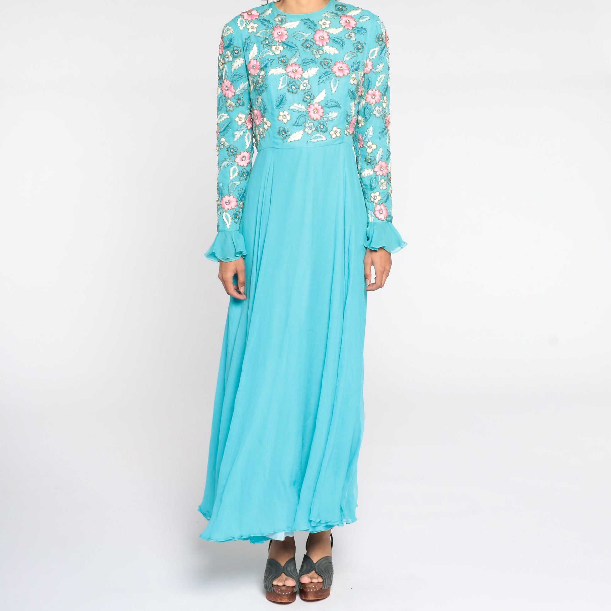 70s Blue Chiffon Maxi Dress Floral Embroidery High Waist Long Sleeve Medium
