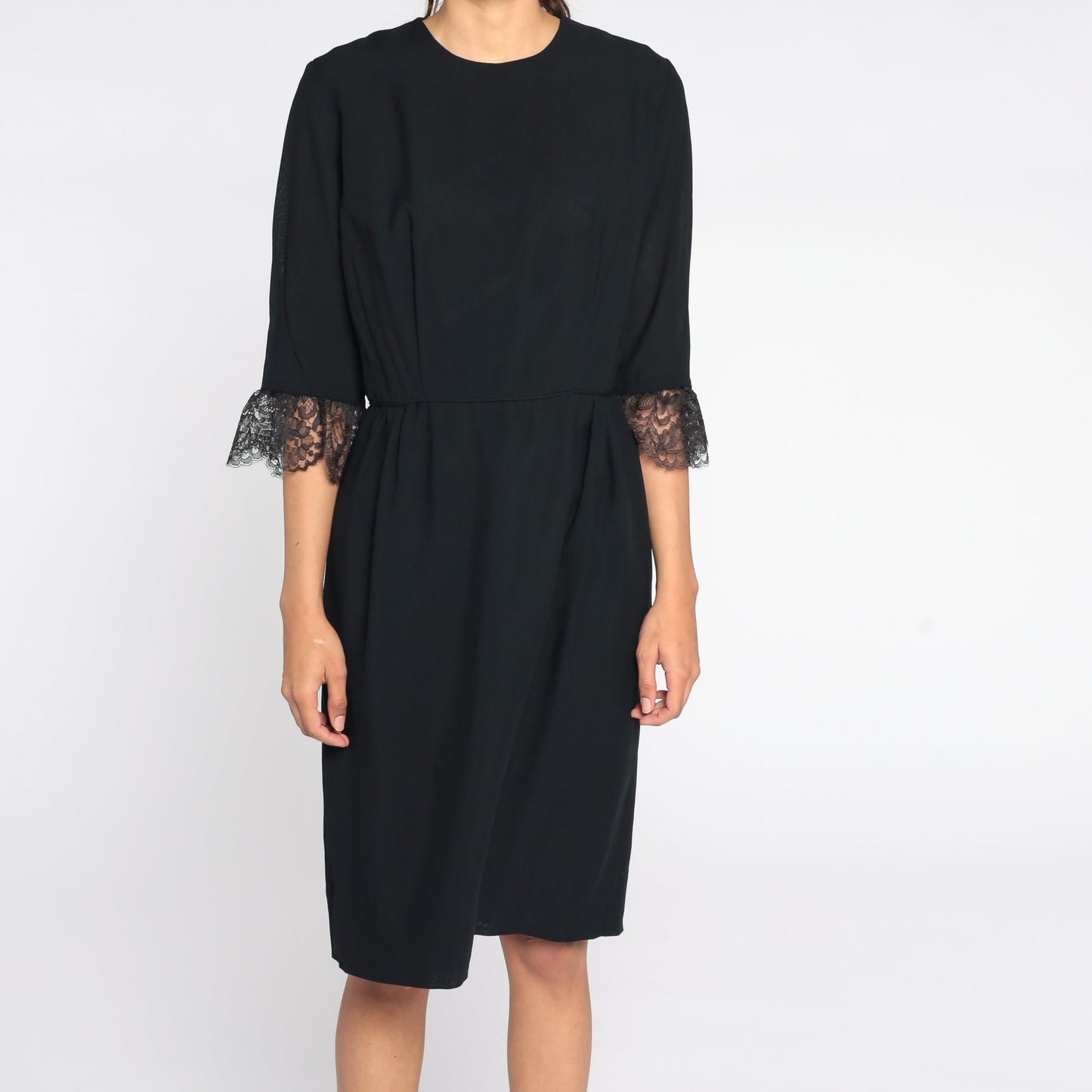 1960s Black Lace Sheath Dress High Waist Tea Length Small