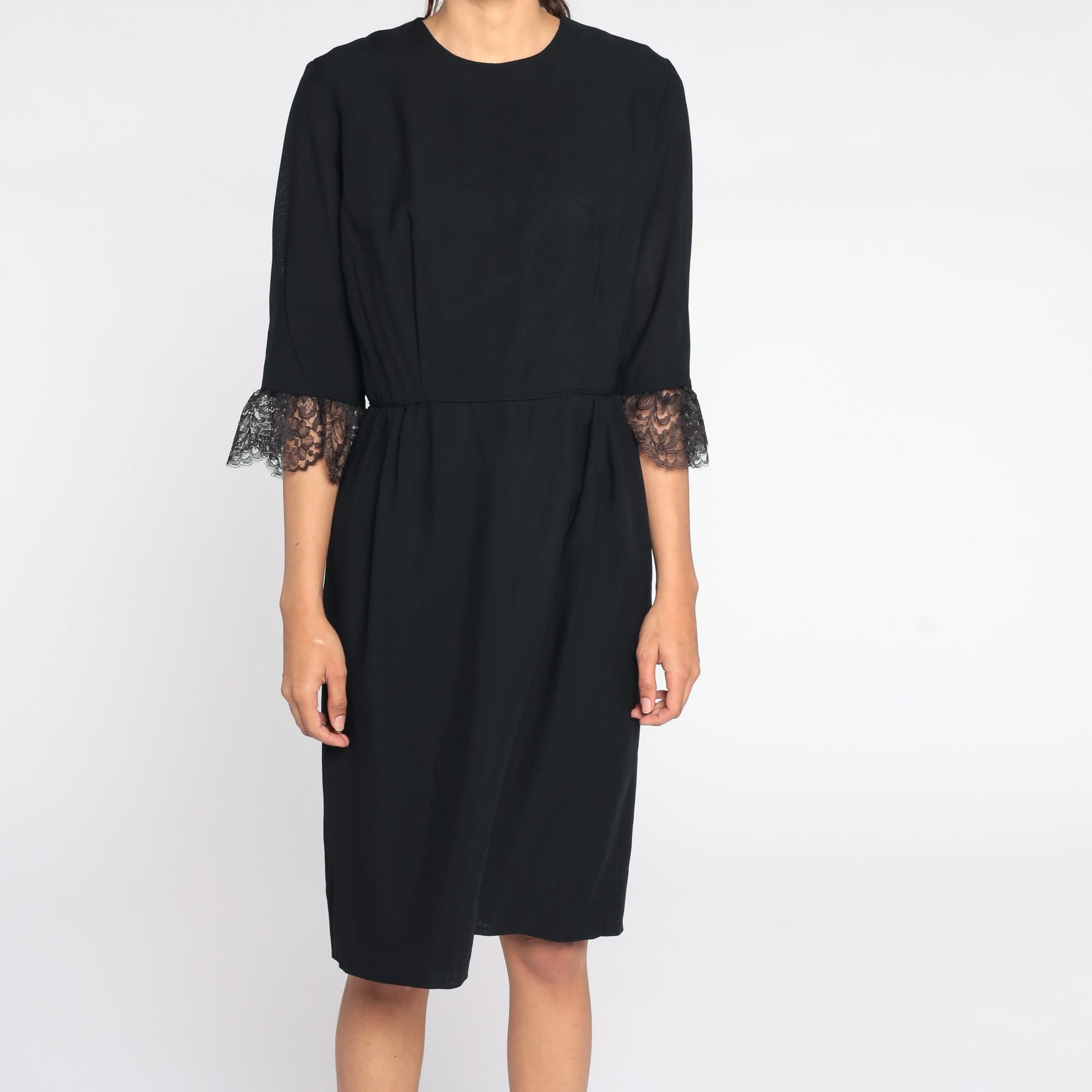 1960s Black Lace Sheath Dress High Waist Tea Length Small