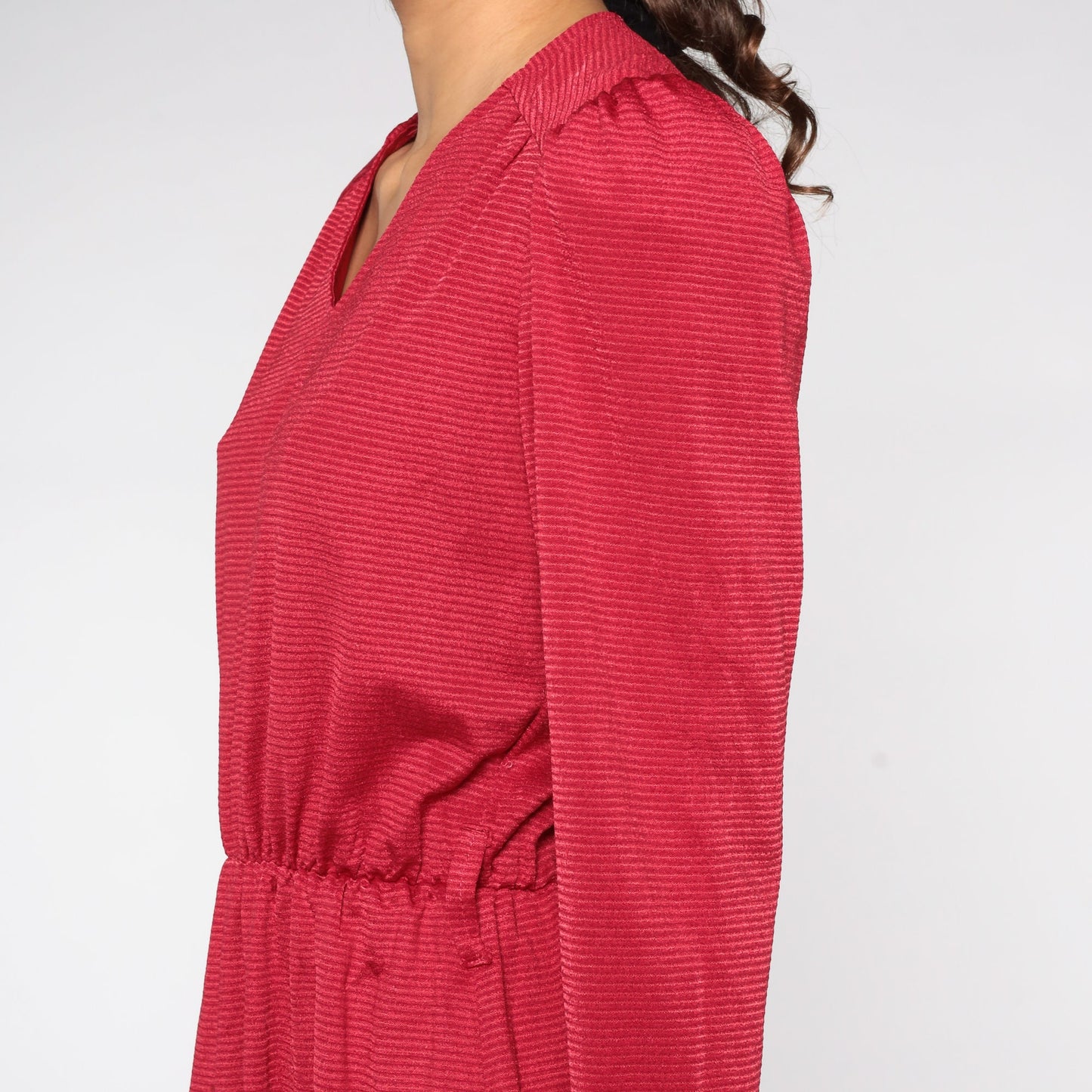 80s Cherry Red Striped Mini Dress Puff Sleeve V-Neck Elastic Waist Small