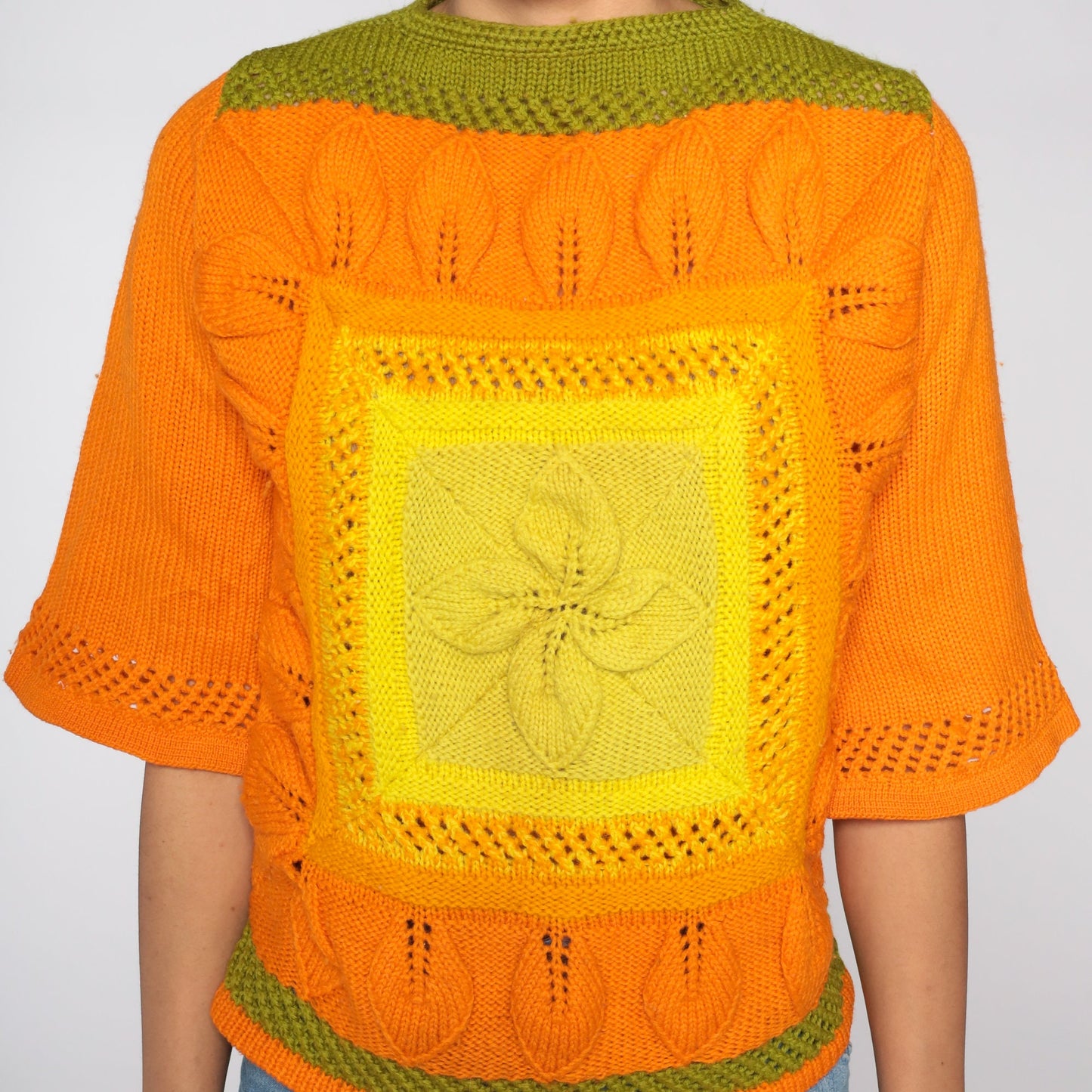70s Wool Bell Sleeve Sweater Yellow Orange Colourblock Knit Medium
