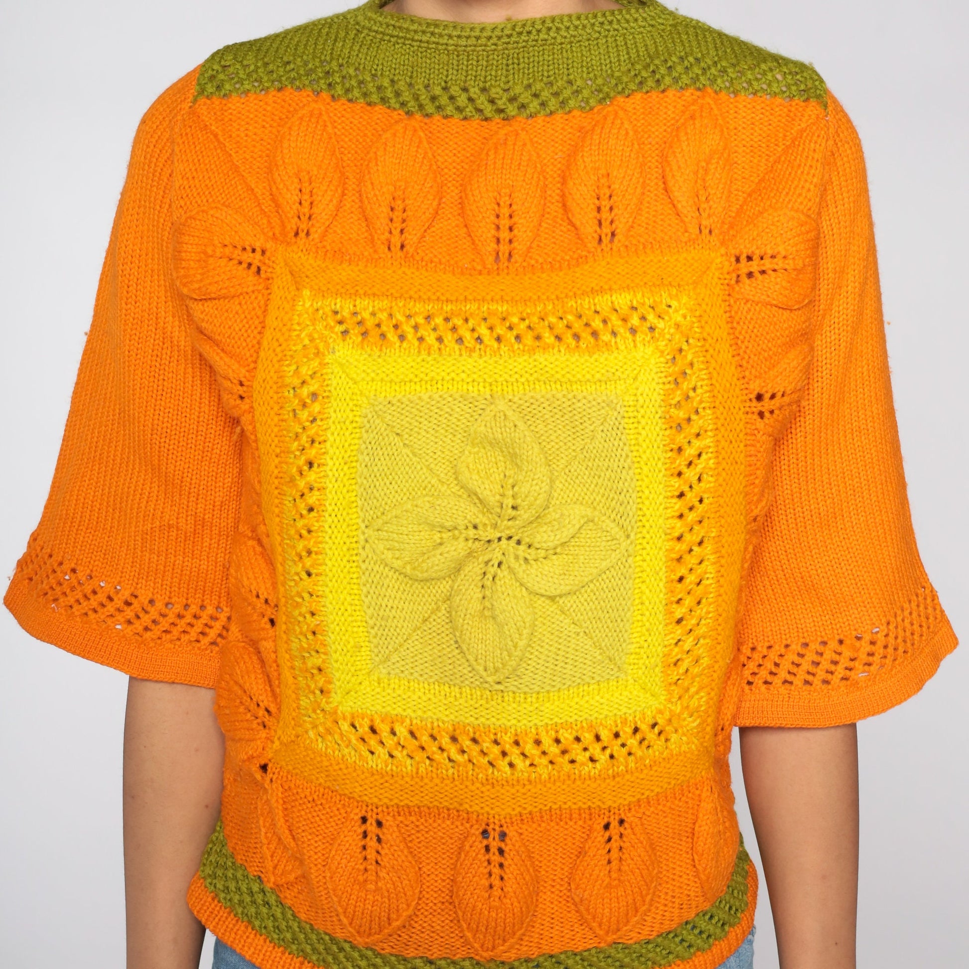 70s Wool Bell Sleeve Sweater Yellow Orange Colourblock Knit Medium