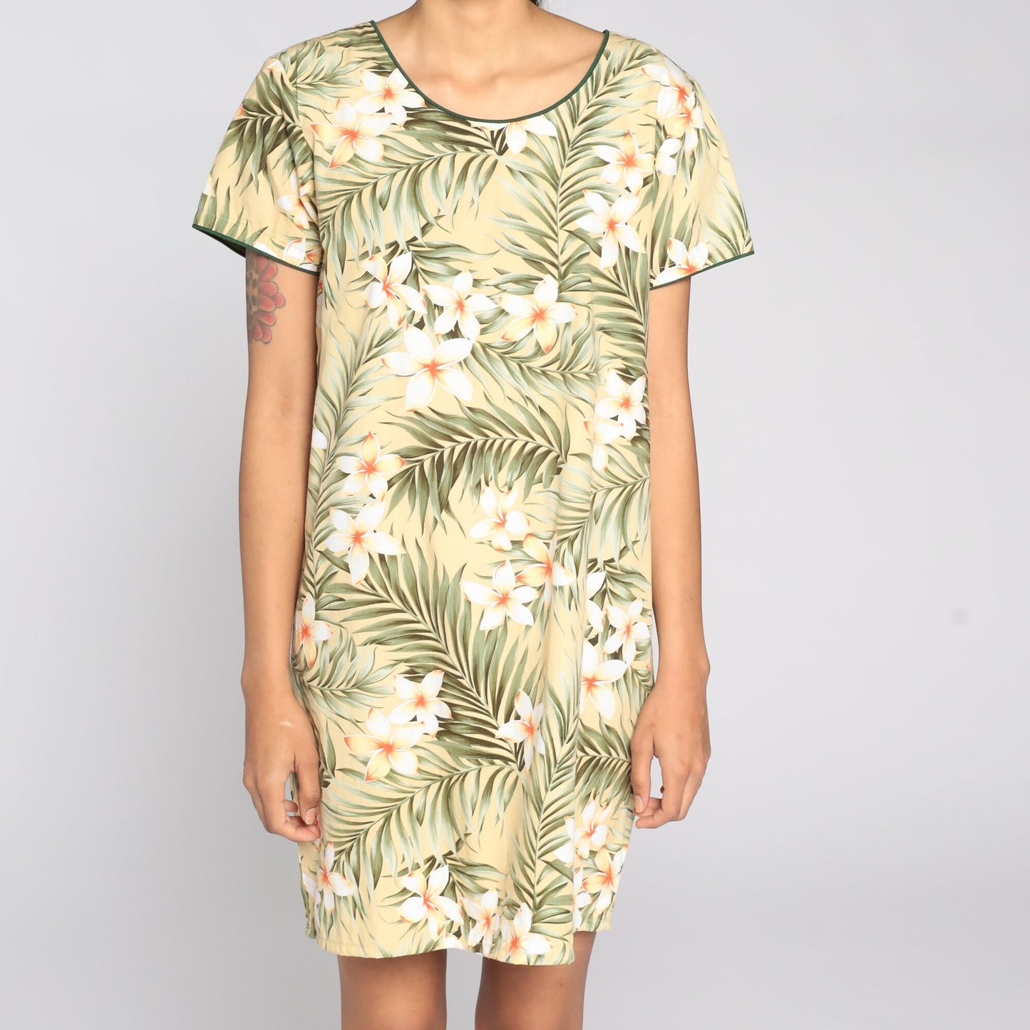 90s Tropical Floral Mini Dress Yellow Shift Cotton Short Sleeve Medium