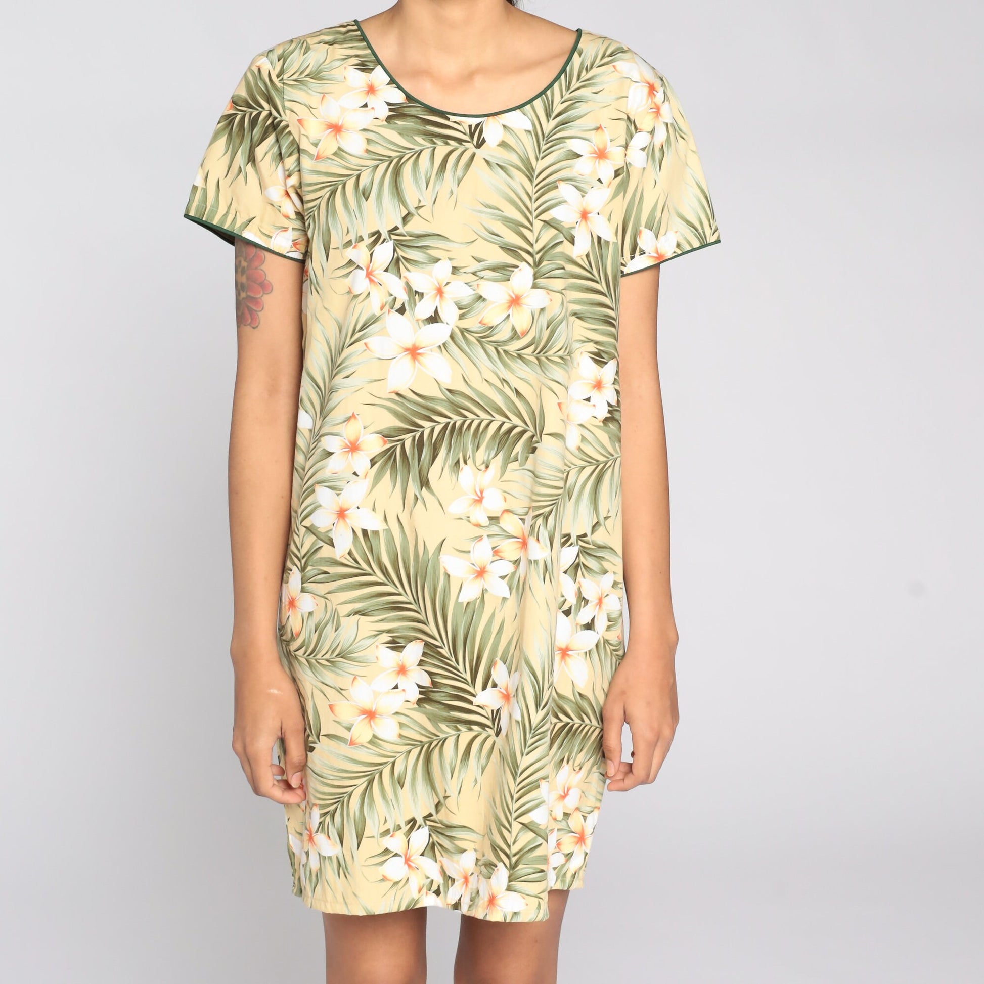 90s Tropical Floral Mini Dress Yellow Shift Cotton Short Sleeve Medium