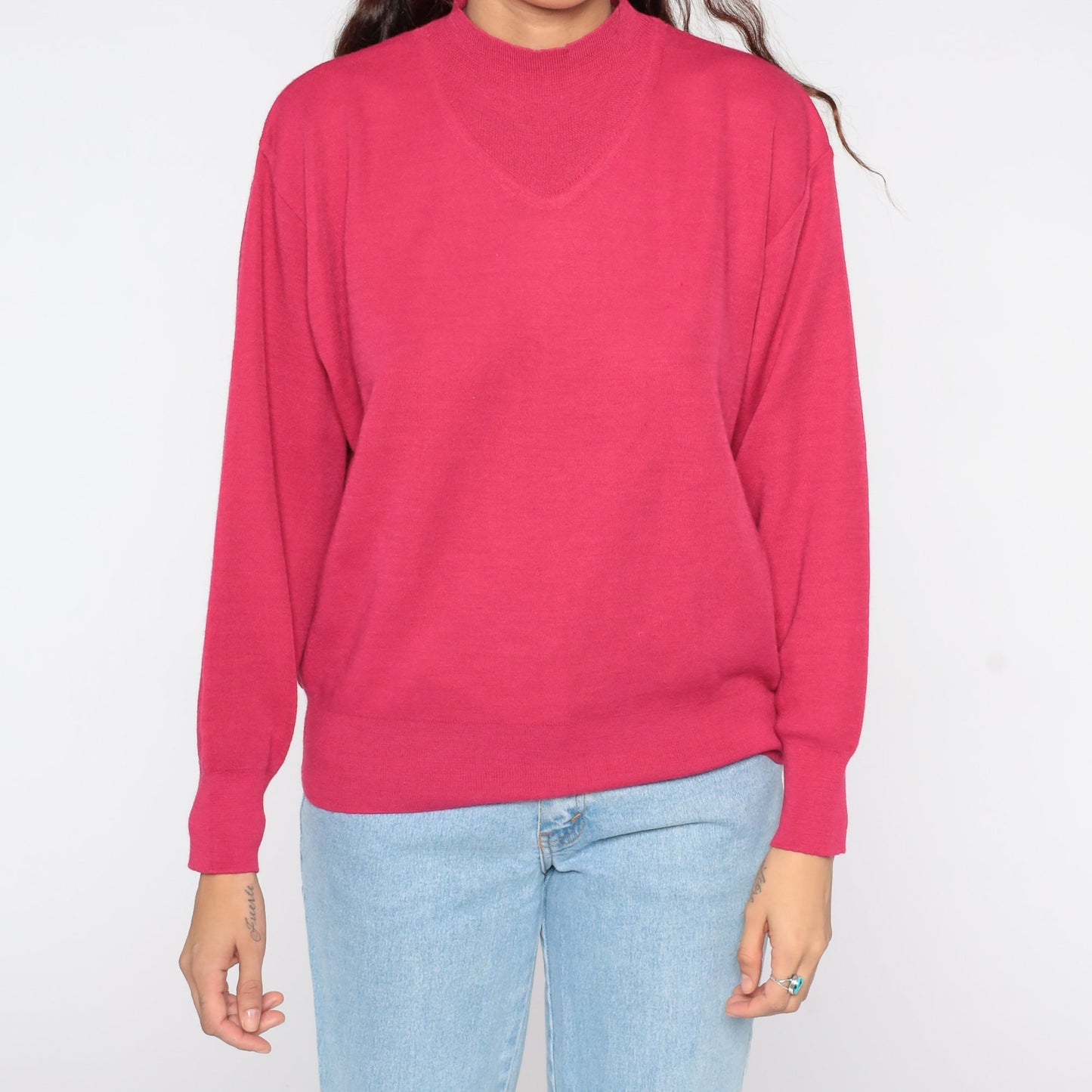 80s Deep Pink Wool Blend Pullover Sweater Knit Crewneck Medium Large