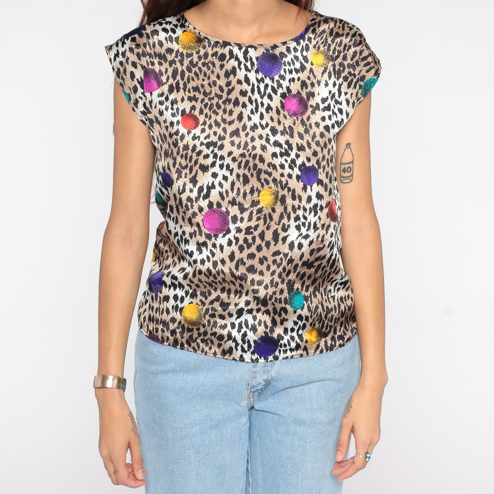 80s Leopard Print Blouse Short Sleeve Animal Print Vintage Shirt Small S