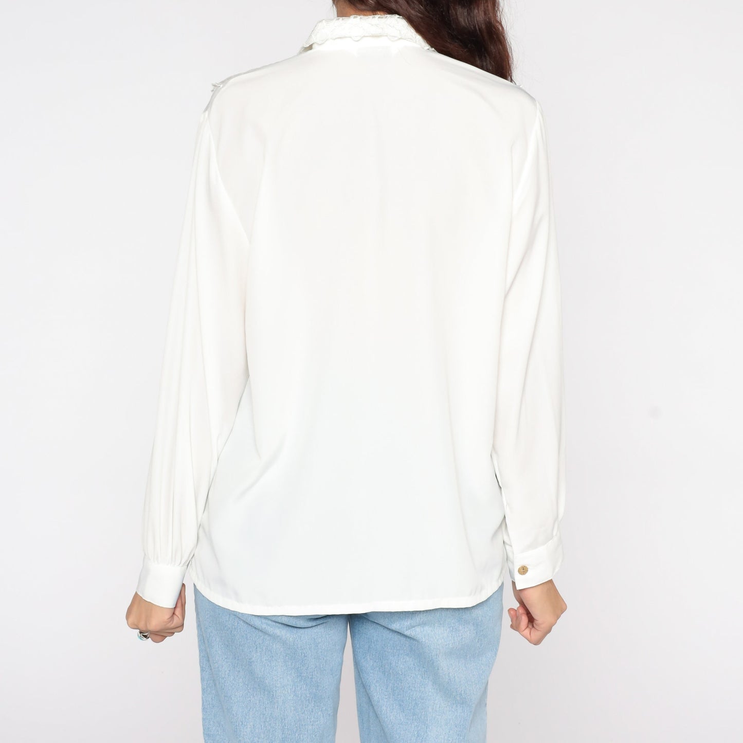 80s White Tuxedo Ruffle Blouse Long Sleeve Button Up Large