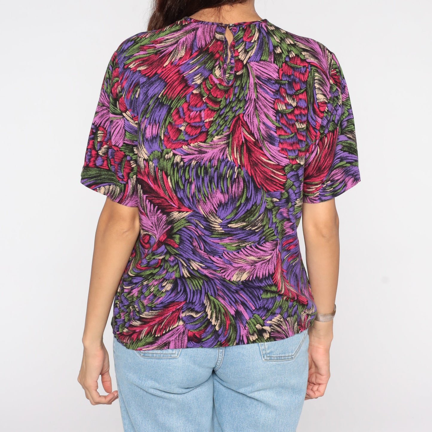 80s Feather Print Shirt Purple Graphic Blouse Medium