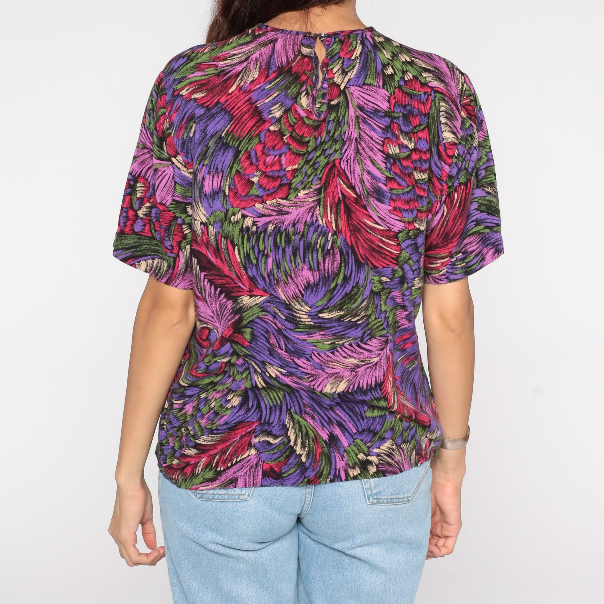 80s Feather Print Shirt Purple Graphic Blouse Medium