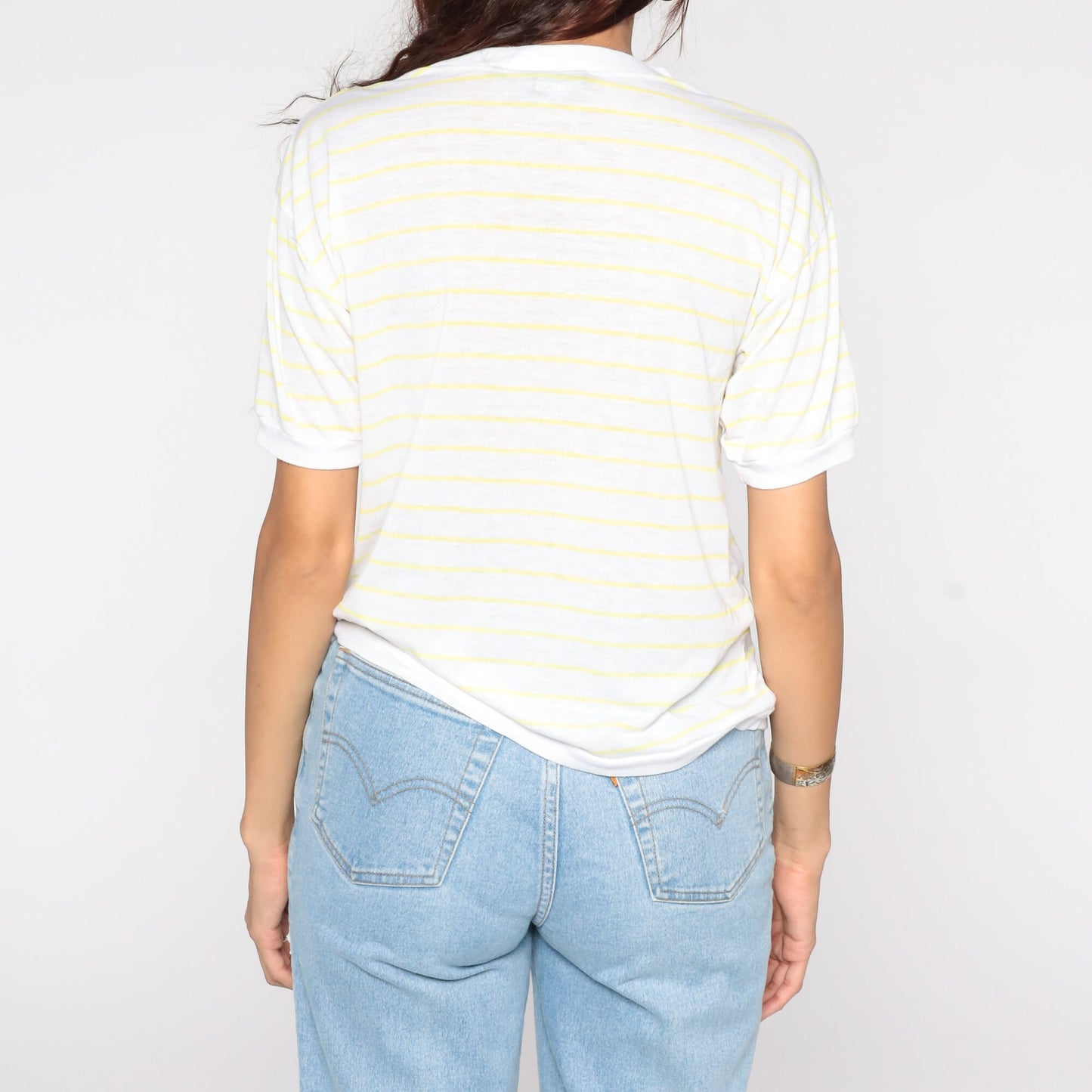 80s Yellow White Striped Pocket Shirt Short Sleeve Cotton Blend Medium