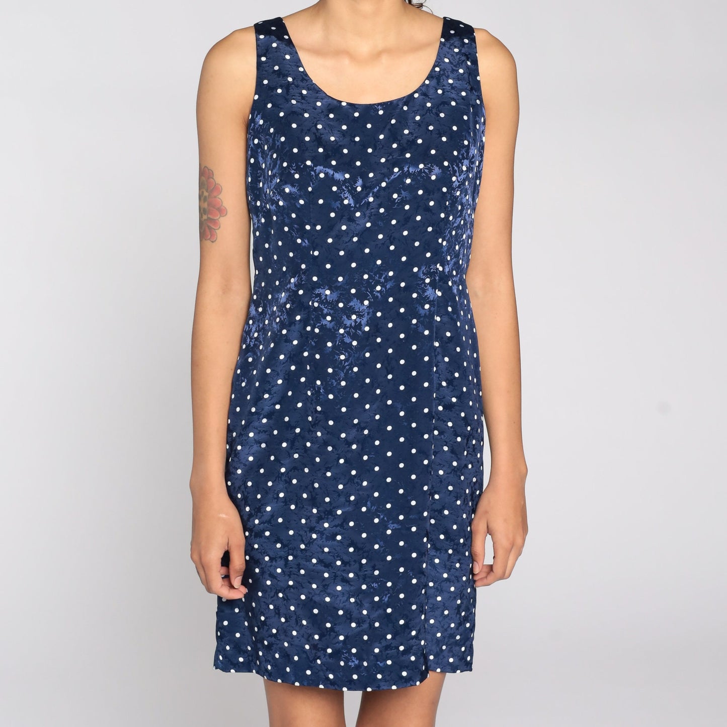 90s Polka Dot Mini Dress Sleeveless Sheath Navy White Embossed Small S