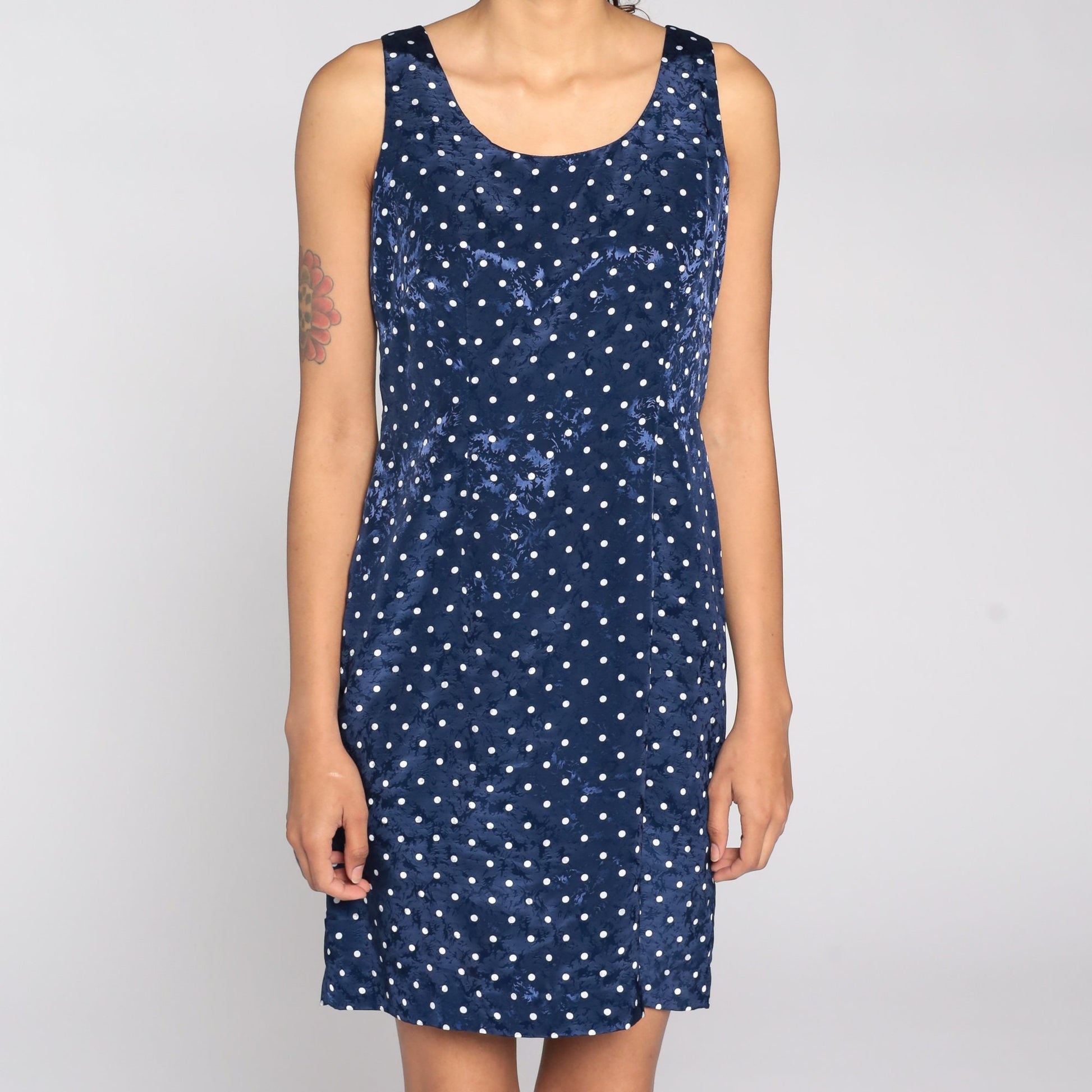 90s Polka Dot Mini Dress Sleeveless Sheath Navy White Embossed Small S