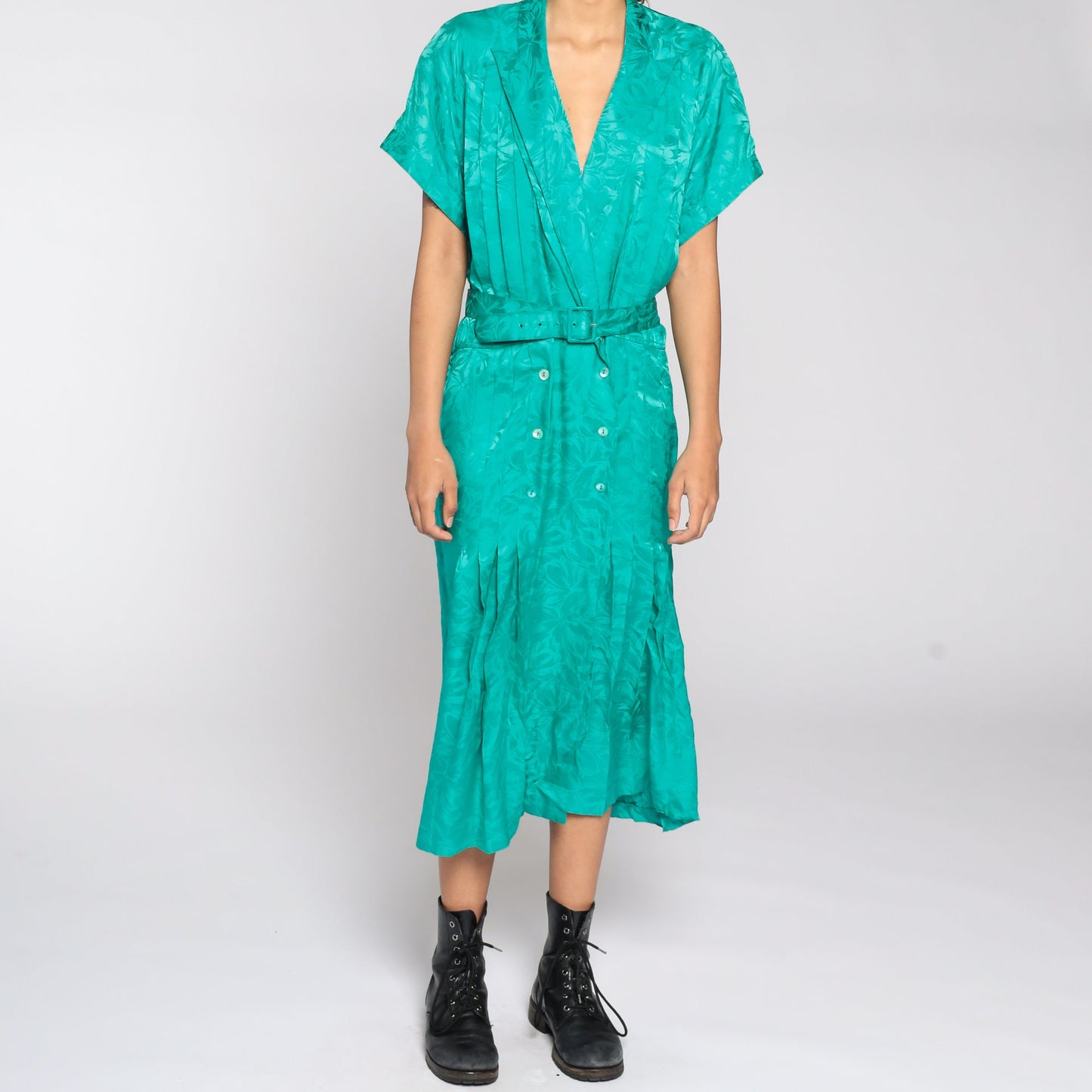 80s Green Wrap Dress High Waisted Deep V Neck Midi Embossed Extra Large