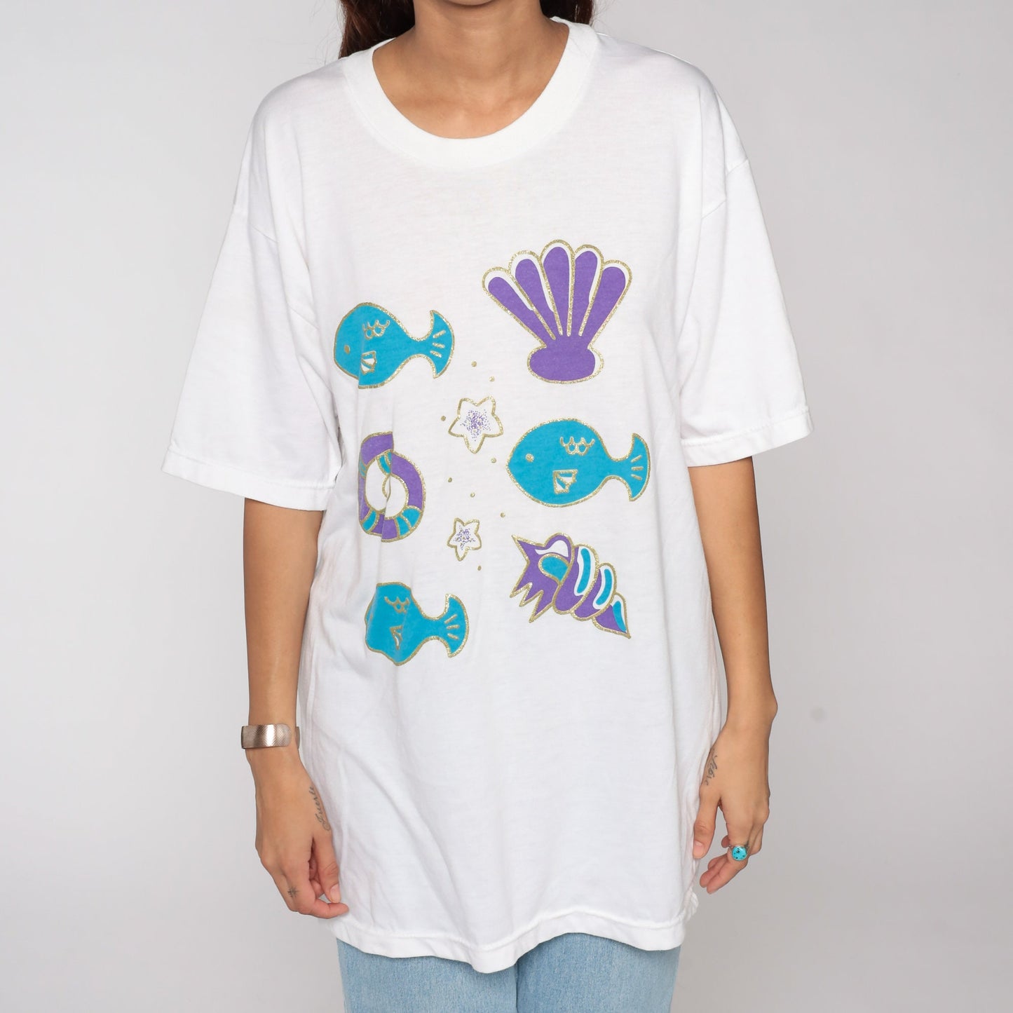 90s Fish Seashell Graphic T-Shirt Under The Sea Print Extra Large XL