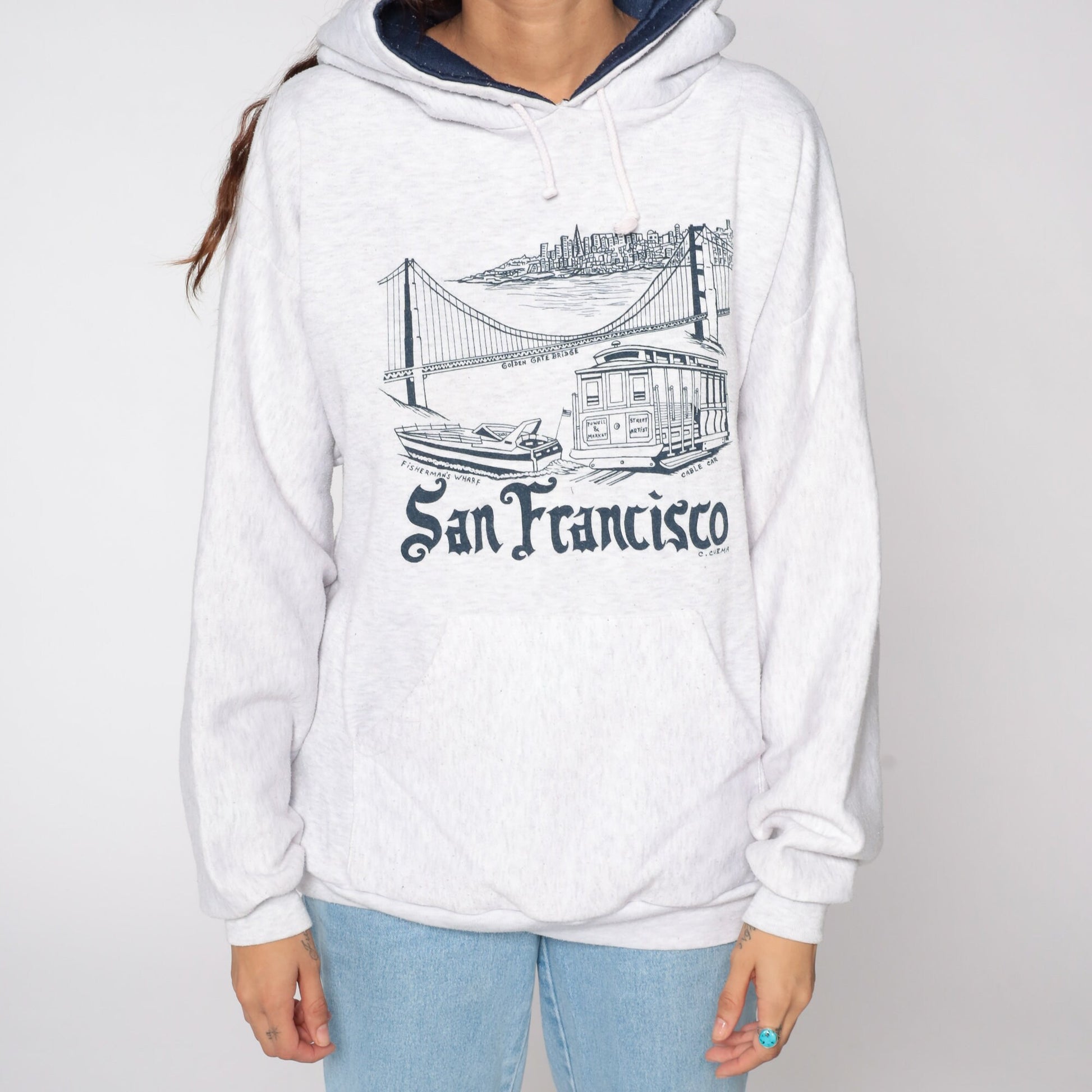 80s San Francisco Trolley Hoodie Sweatshirt Grey Cotton Blend Extra Large