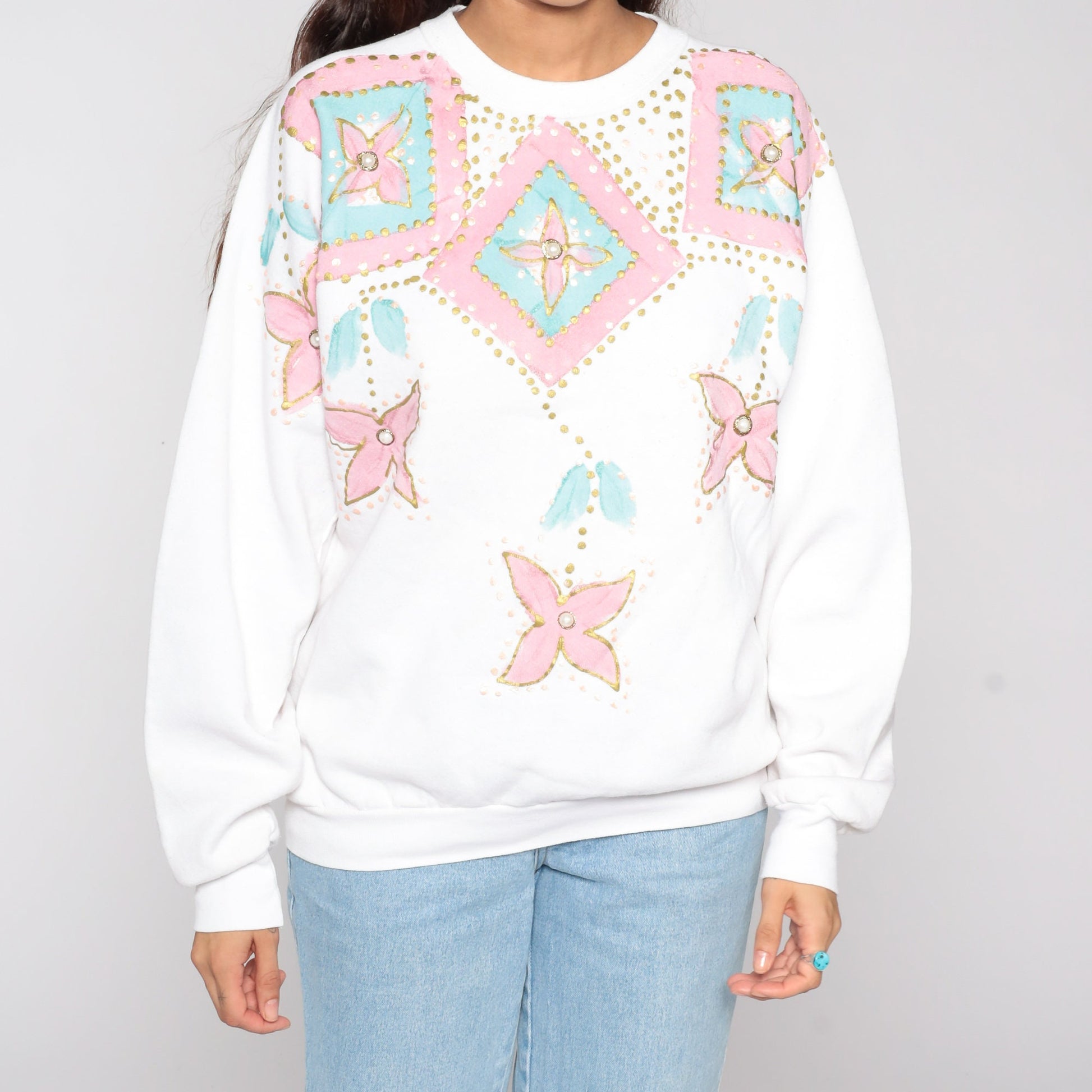 90s Hand Painted Floral Sweatshirt White Graphic Crewneck Large