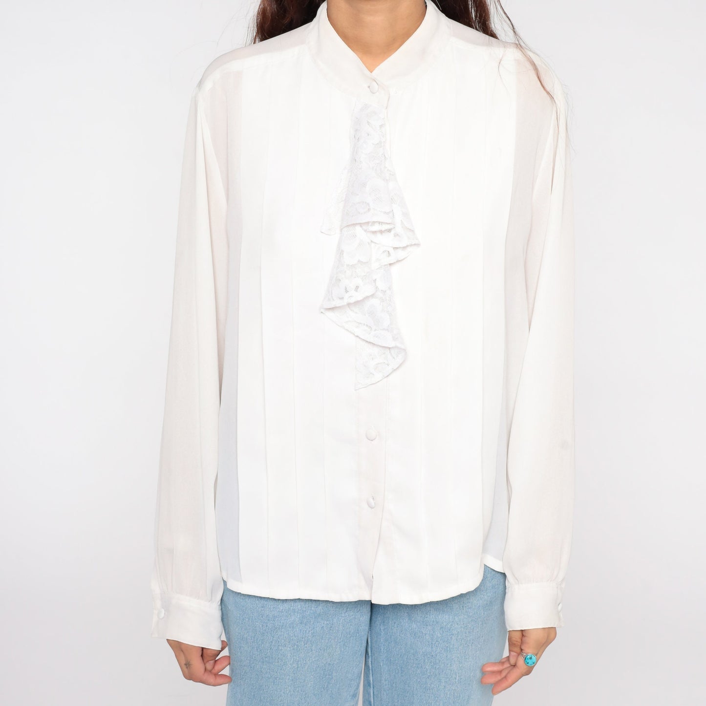 80s White Lace Tuxedo Blouse Ruffle Front Button Up Long Sleeve Medium