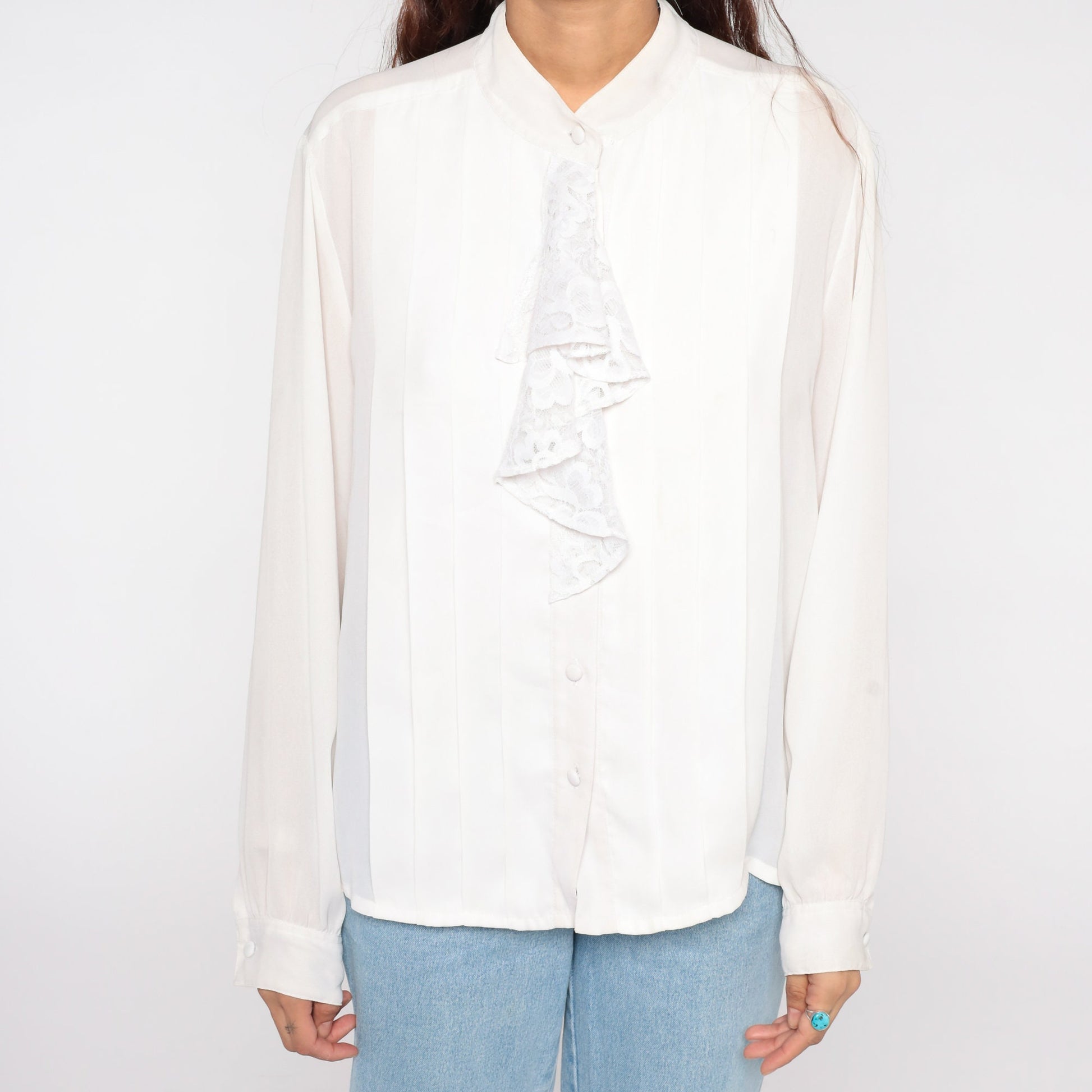 80s White Lace Tuxedo Blouse Ruffle Front Button Up Long Sleeve Medium