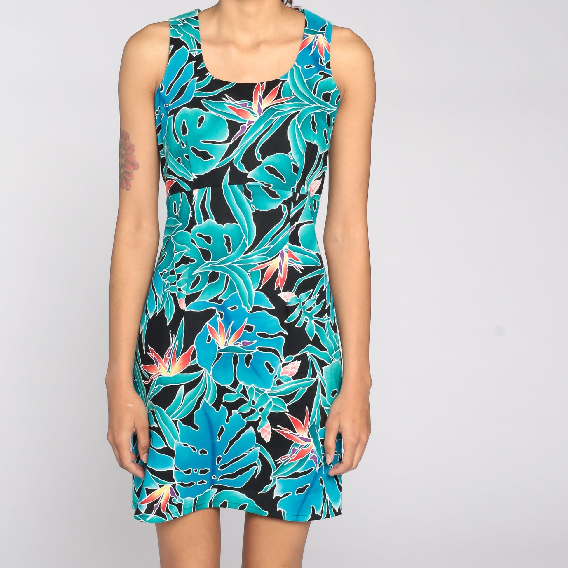 90s Floral Tropical Mini Sundress Shift Sleeveless Blue Green Extra Small