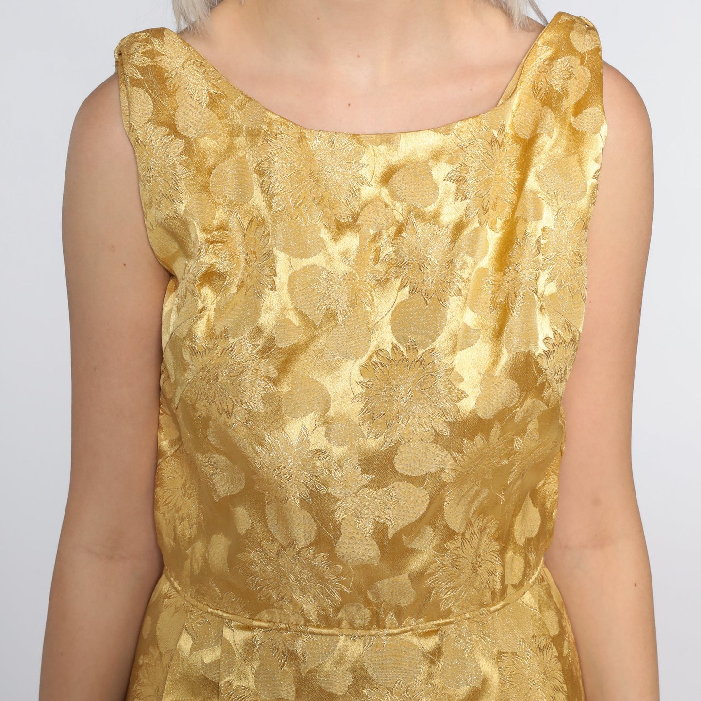 1960s Gold Floral Brocade Sleeveless Cocktail Dress High Slit Small