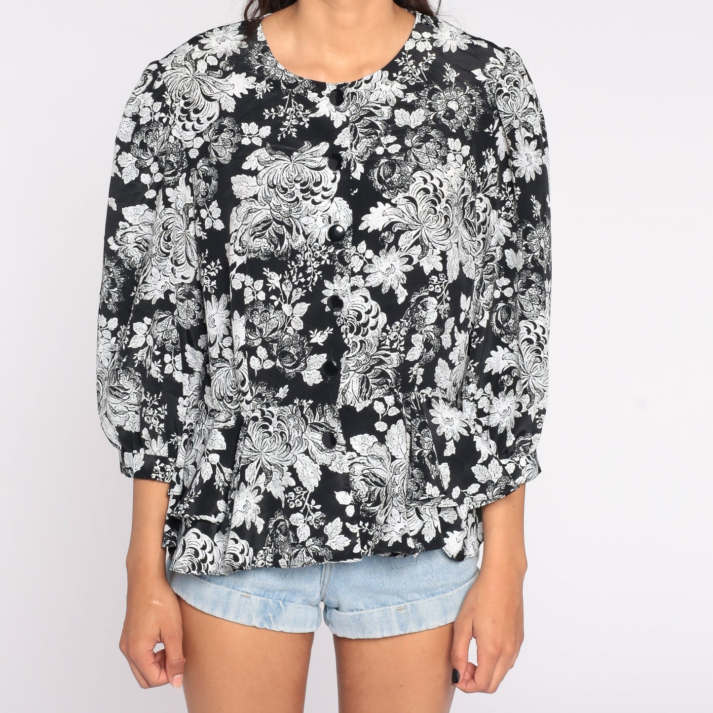 80s Floral Button Up Blouse Black White Peplum Puff Sleeve Medium Large