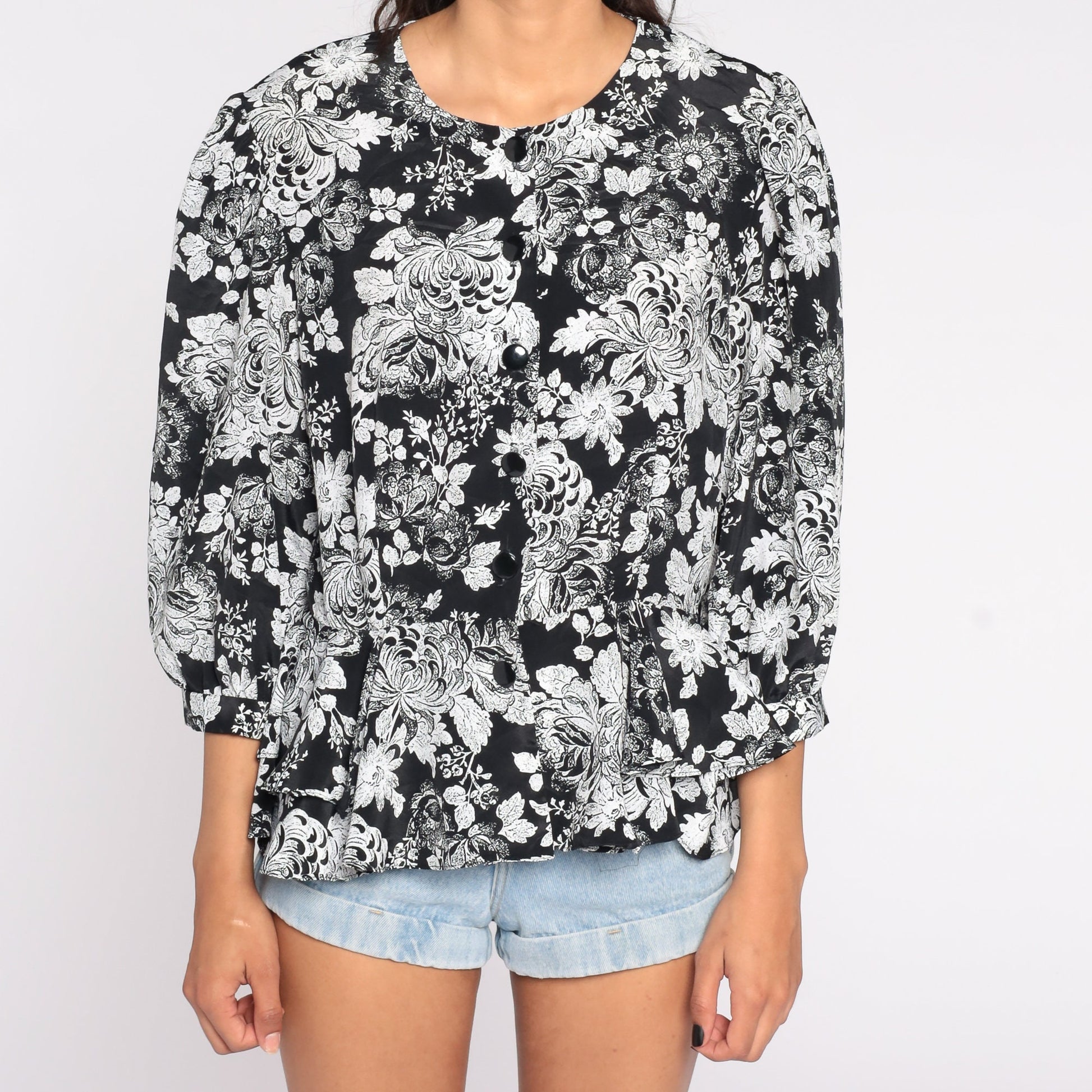 80s Floral Button Up Blouse Black White Peplum Puff Sleeve Medium Large