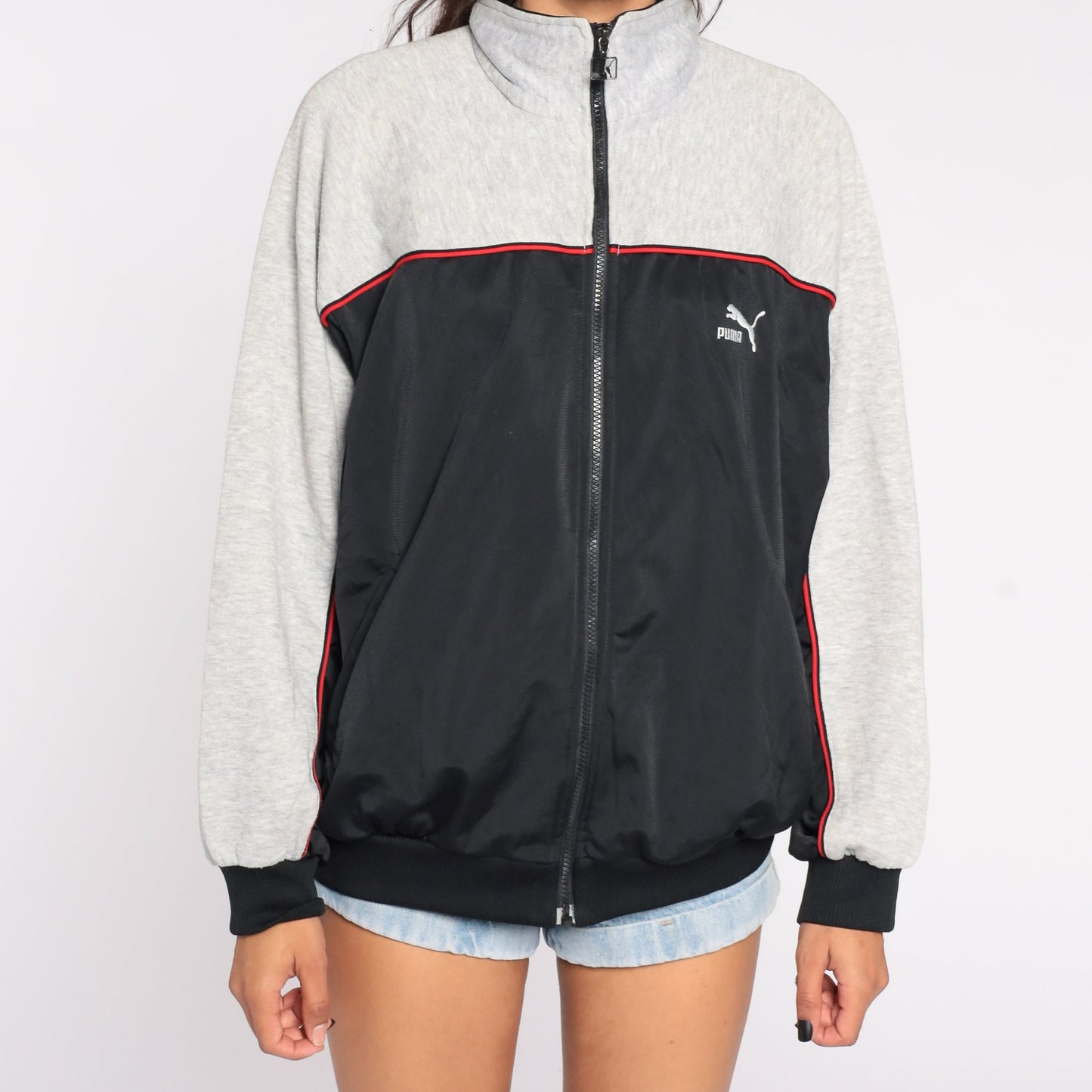 80s Puma Track Jacket Zip Up Sweatshirt Grey Black Striped Extra Large XL
