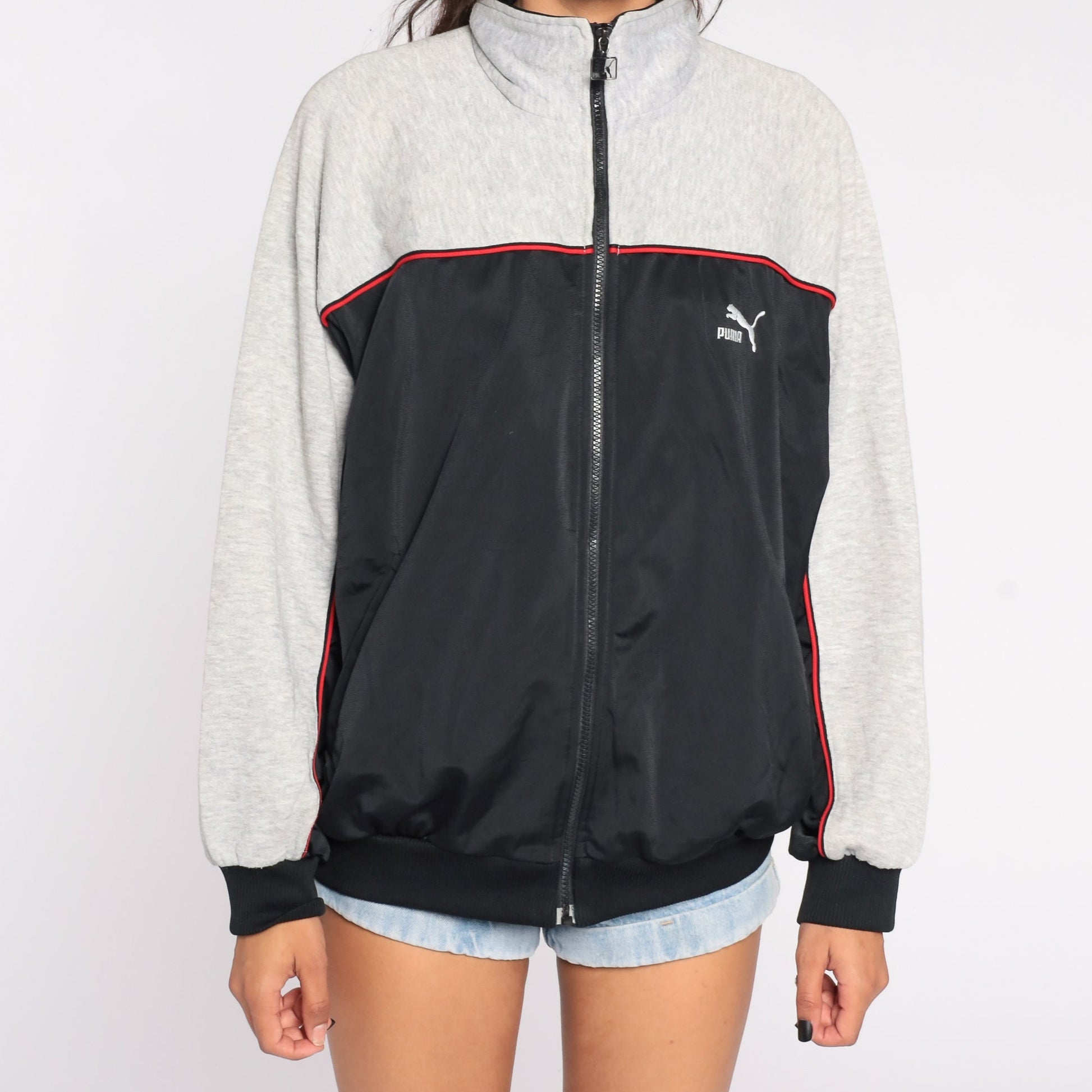 80s Puma Track Jacket Zip Up Sweatshirt Grey Black Striped Extra Large XL