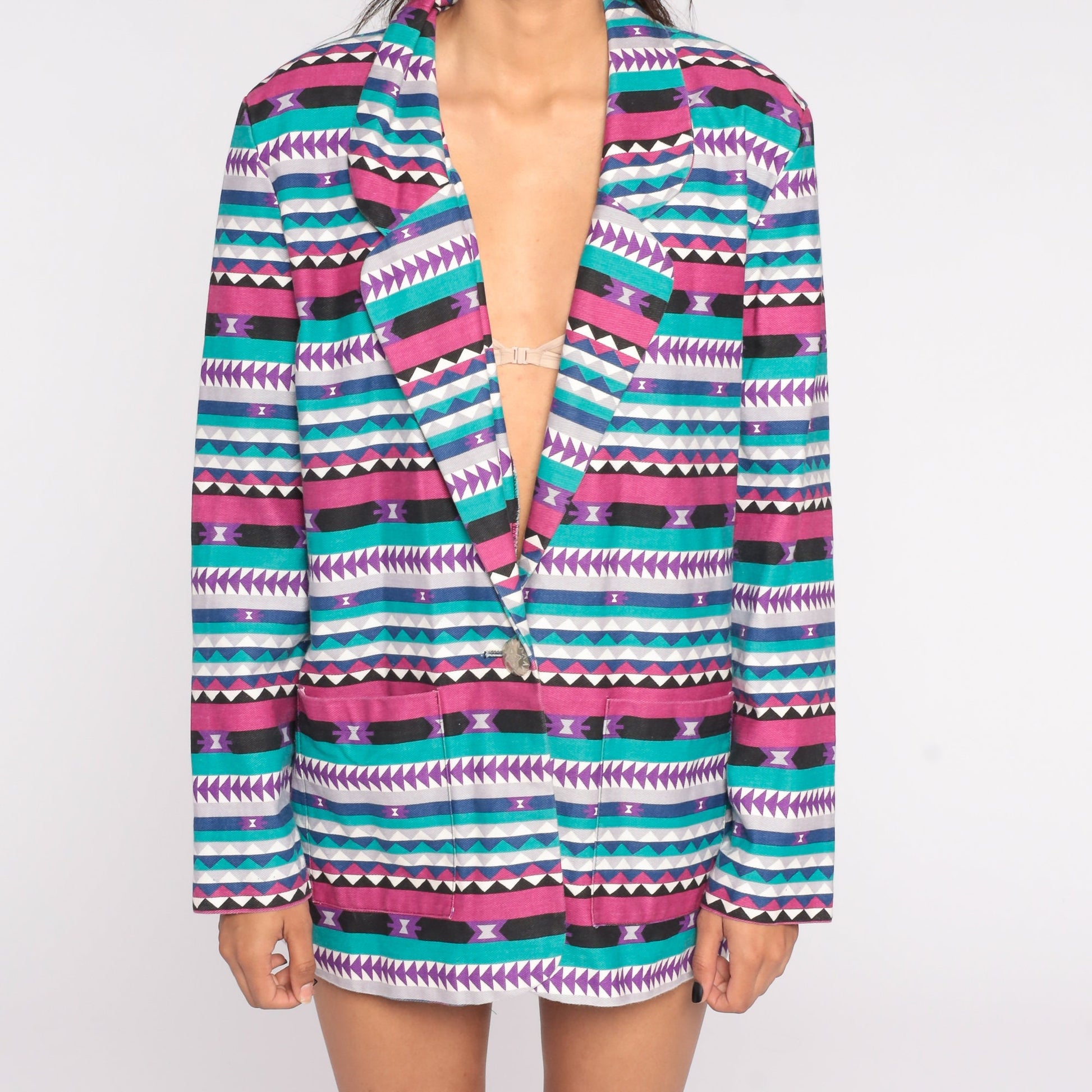 80s Southwestern Aztec Jacket Pink Turquoise Cotton Blazer Extra Large XXL