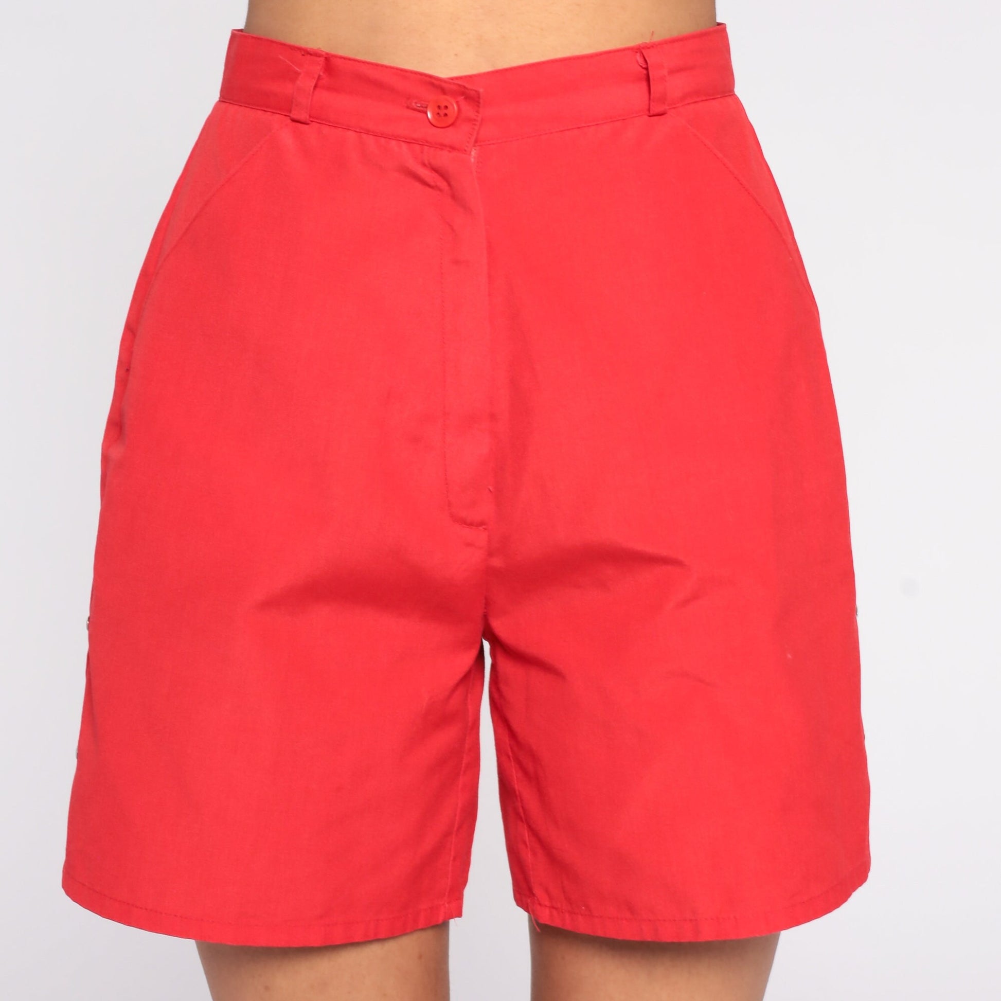 80s Red High-Waisted Shorts Cotton Blend Trouser Pockets Extra Small