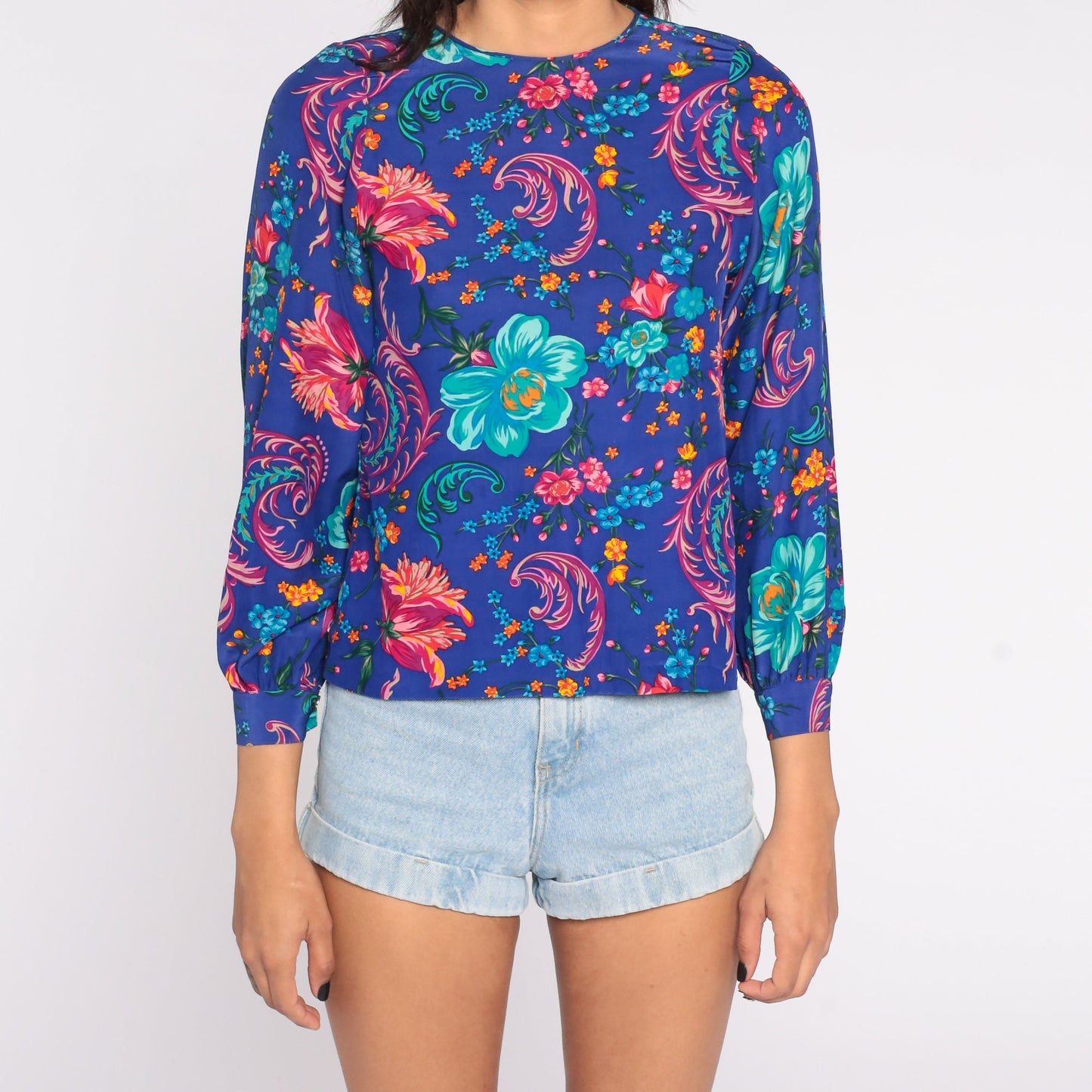 80s Silk Floral Blouse Puff Sleeve Button Back Blue Small