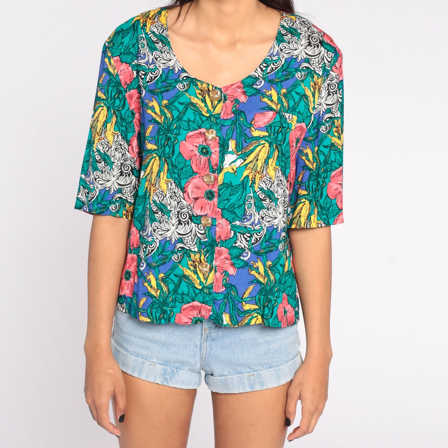 80s Tropical Floral Button Up Blouse Short Sleeve Blue Green Medium Large