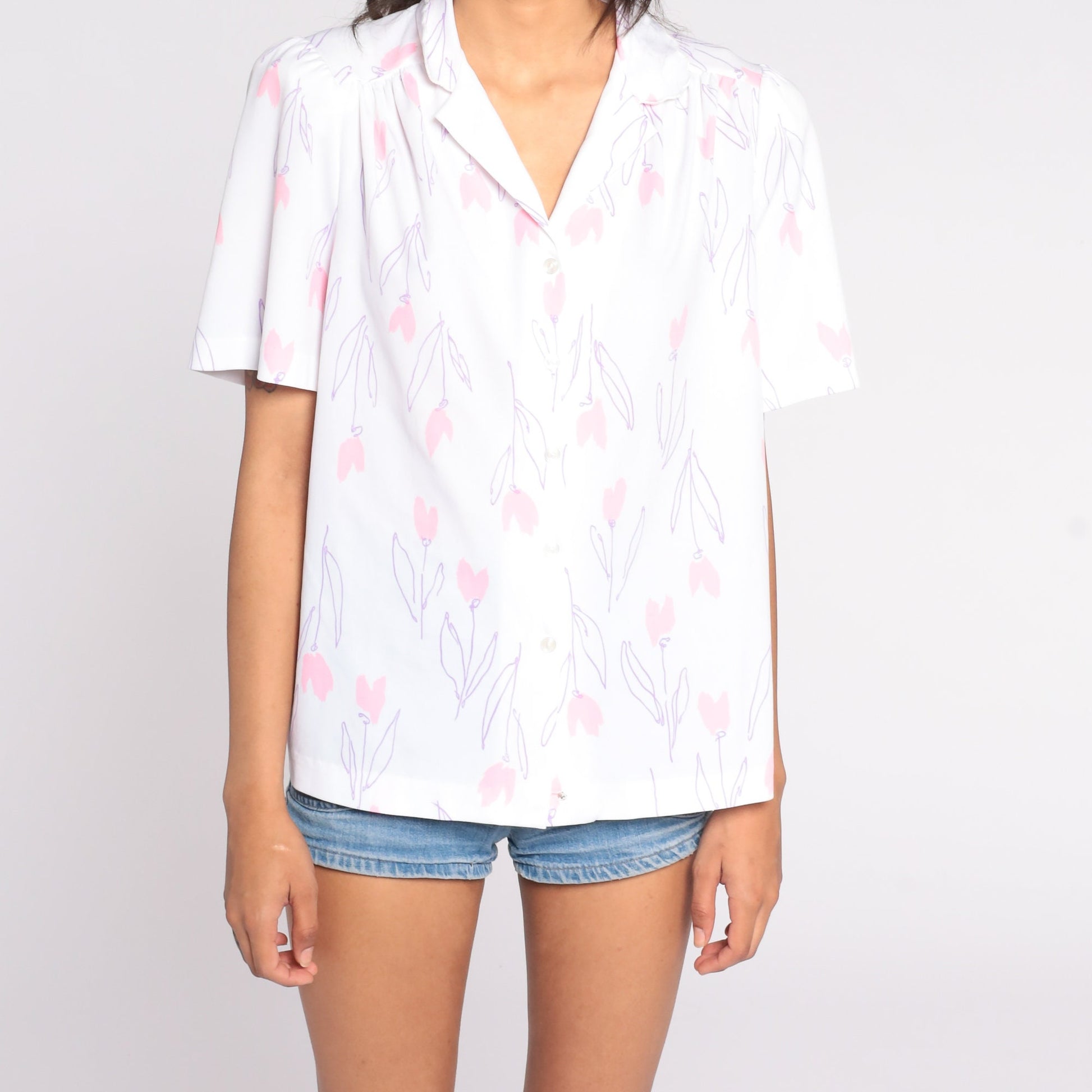 80s Floral Puff Sleeve Button-Up Blouse White Pink Extra Large